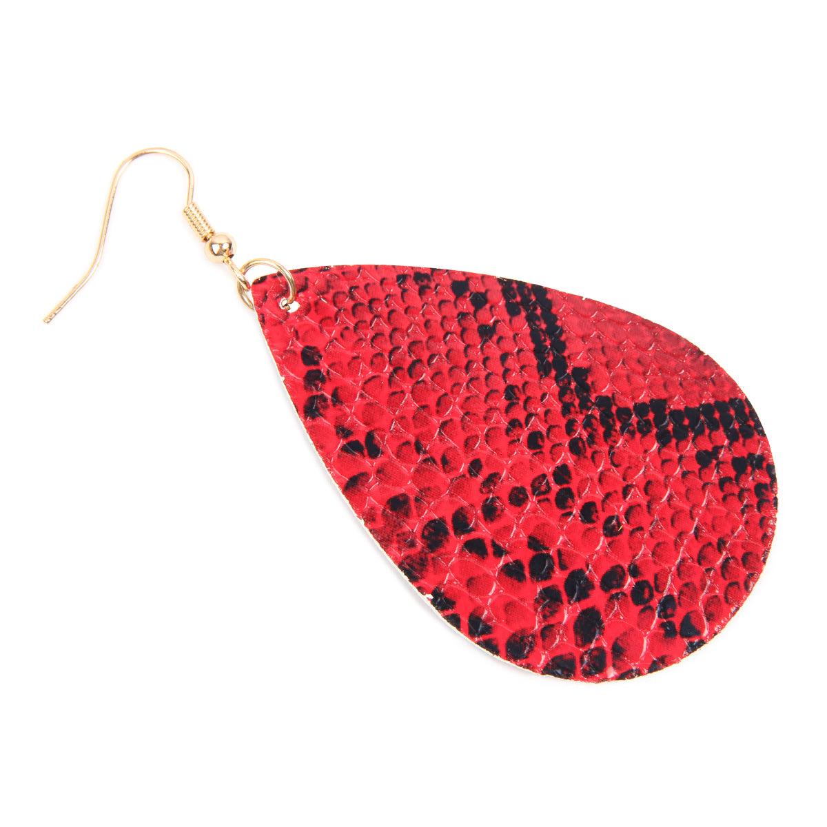 A pair of stylish snake skin leather teardrop dangle earrings in various colors, showcasing their elegant design and texture.