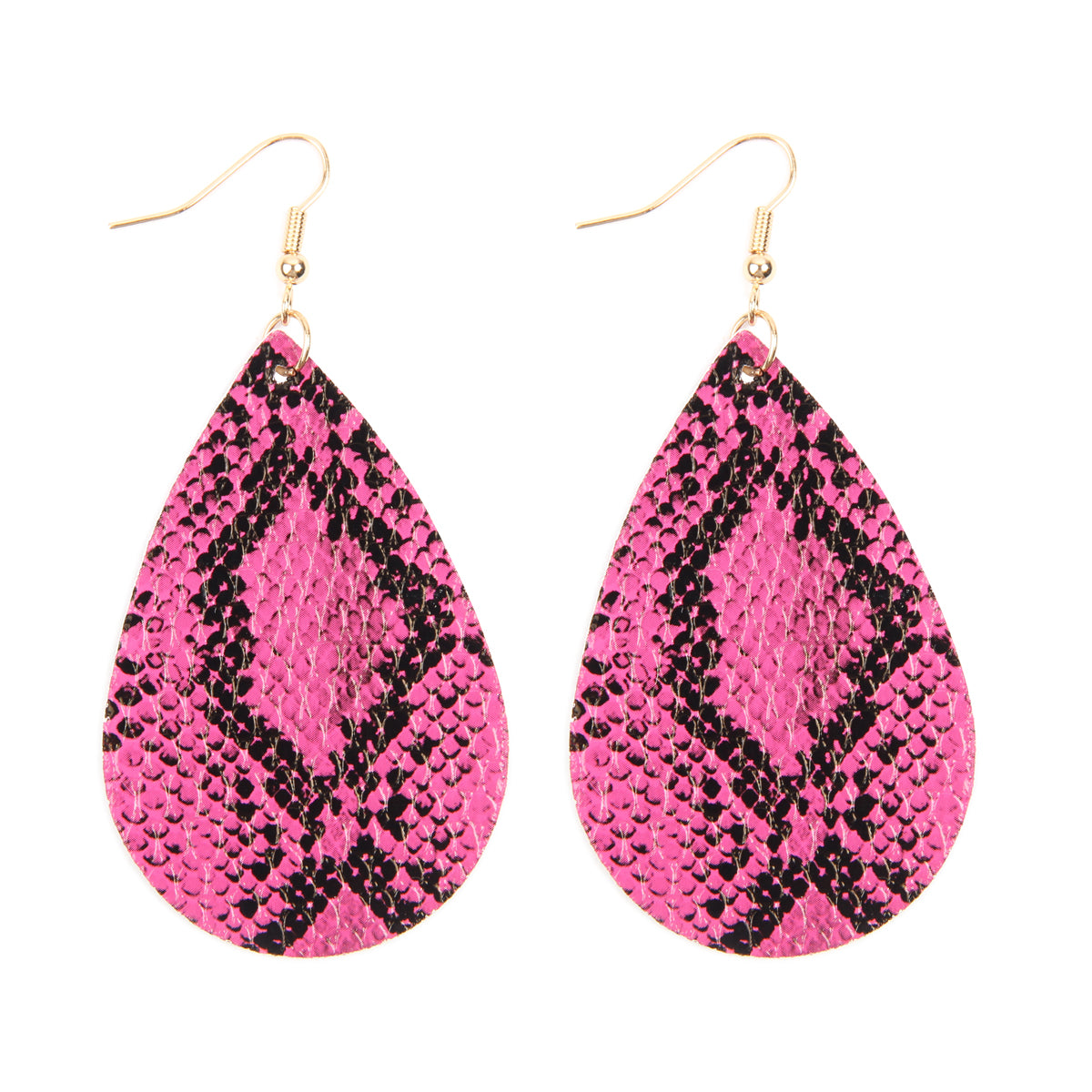 A pair of stylish snake skin leather teardrop dangle earrings in various colors, showcasing their elegant design and texture.