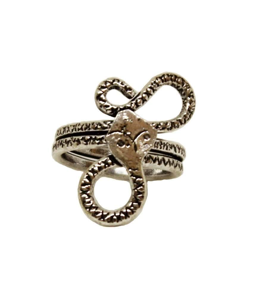 A beautifully crafted long snake statement ring made of brass, showcasing intricate details and a unique design, perfect for animal lovers.