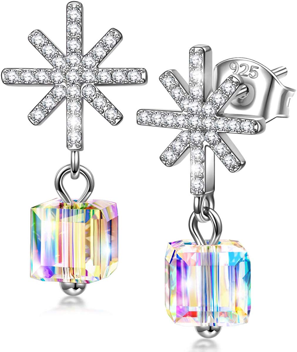 Elegant Snowflake Flaming Phoenix Cubed Drop Earrings made of brass with rhodium plating and cubic zircon stones.