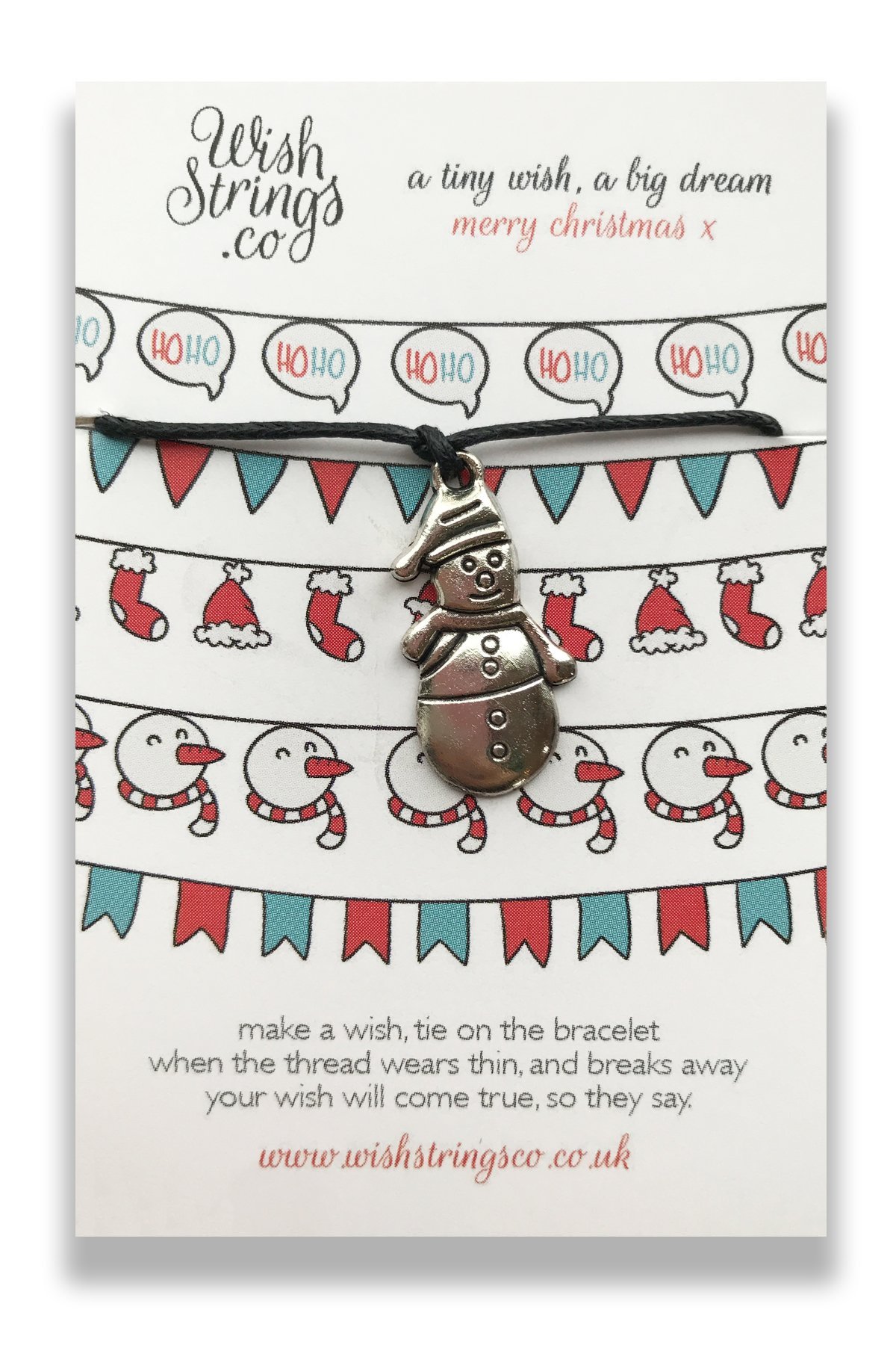 SNOWMAN WishStrings Wish Bracelet featuring a Tibetan Silver charm on a waxed cotton cord, beautifully presented on an inspirational display card.