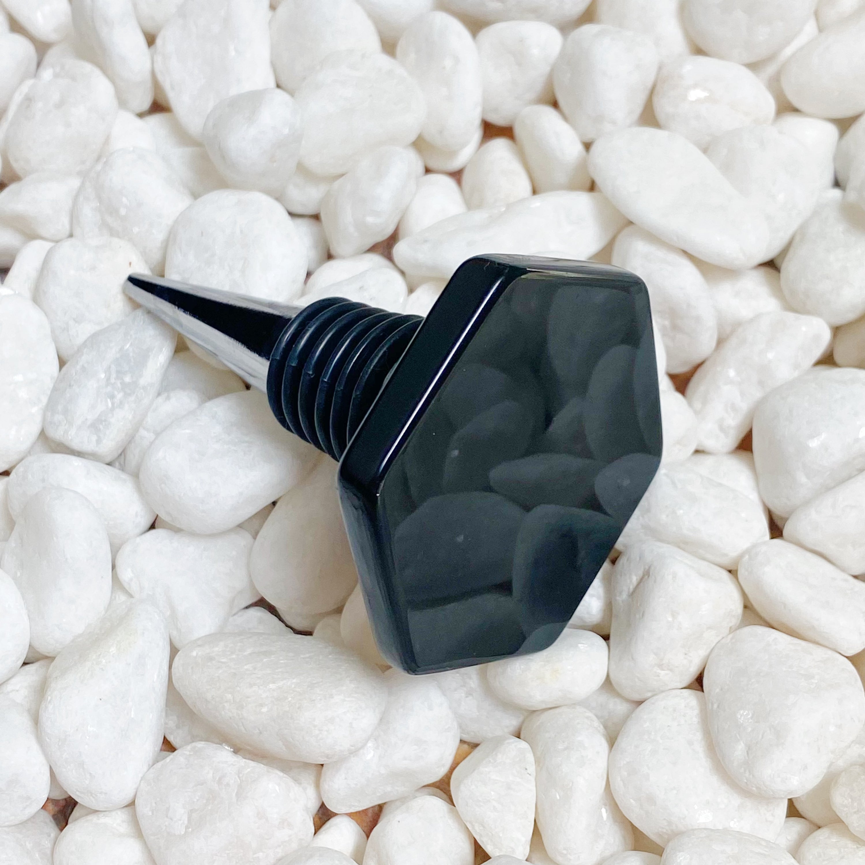 Soho Lounge Hexagon Stone Wine Stopper featuring a polished semi-precious stone in a unique hexagon shape, perfect for wine enthusiasts.