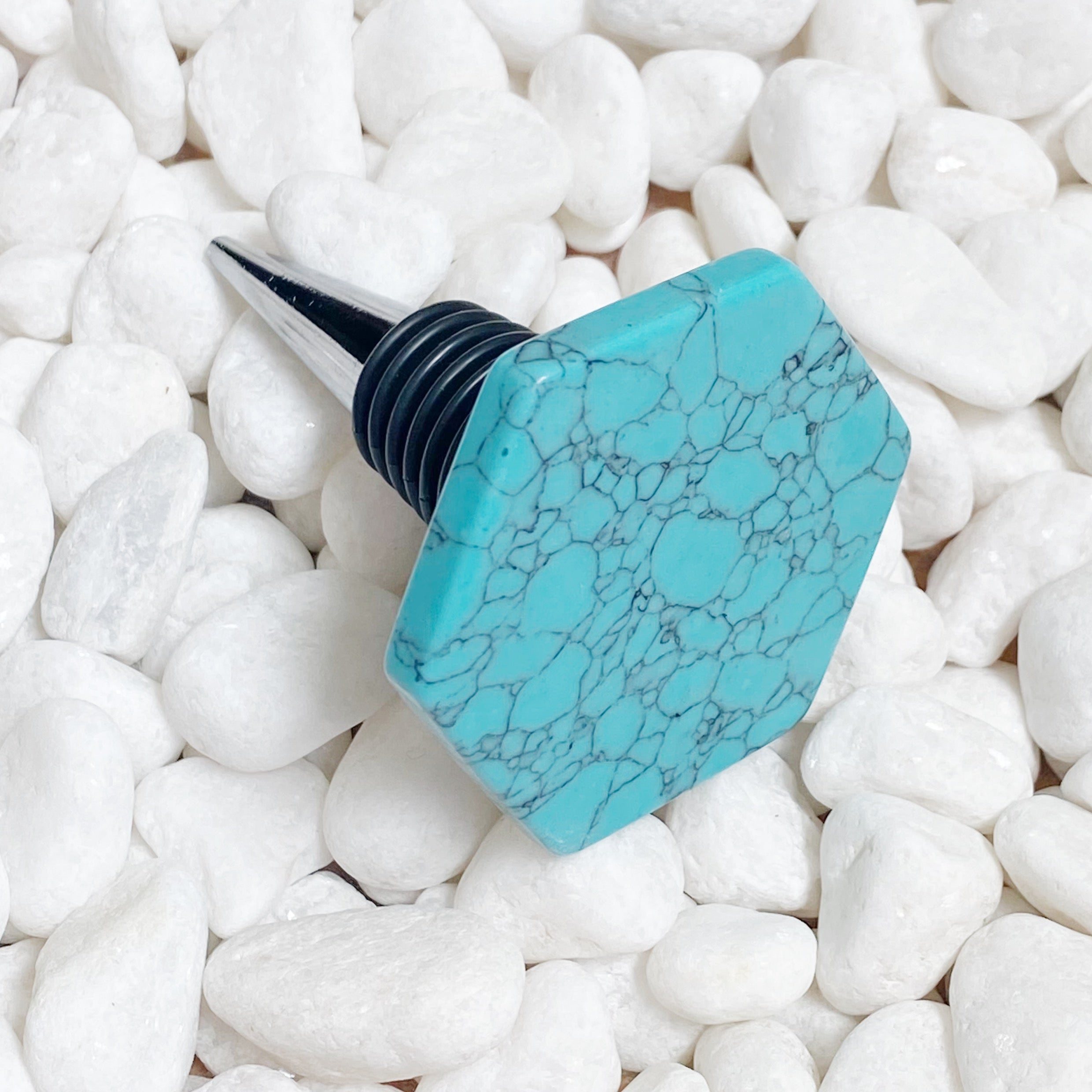 Soho Lounge Hexagon Stone Wine Stopper featuring a polished semi-precious stone in a unique hexagon shape, perfect for wine enthusiasts.