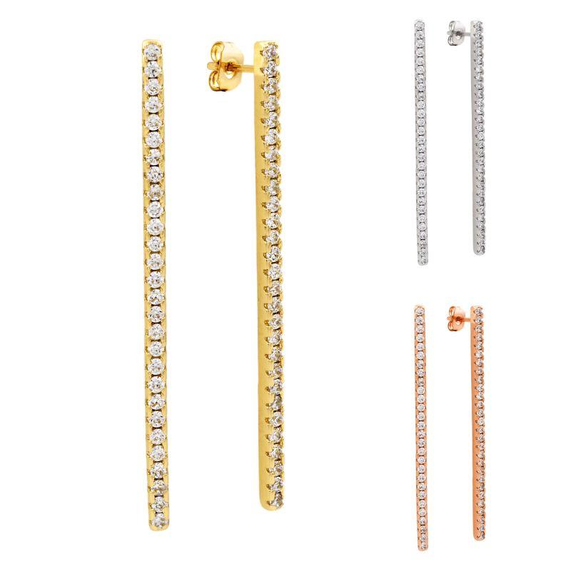 Sole du Soleil Women's 18K Gold Plated CZ Bar Earrings in white, yellow, and rose gold with clear cubic zirconia stones.