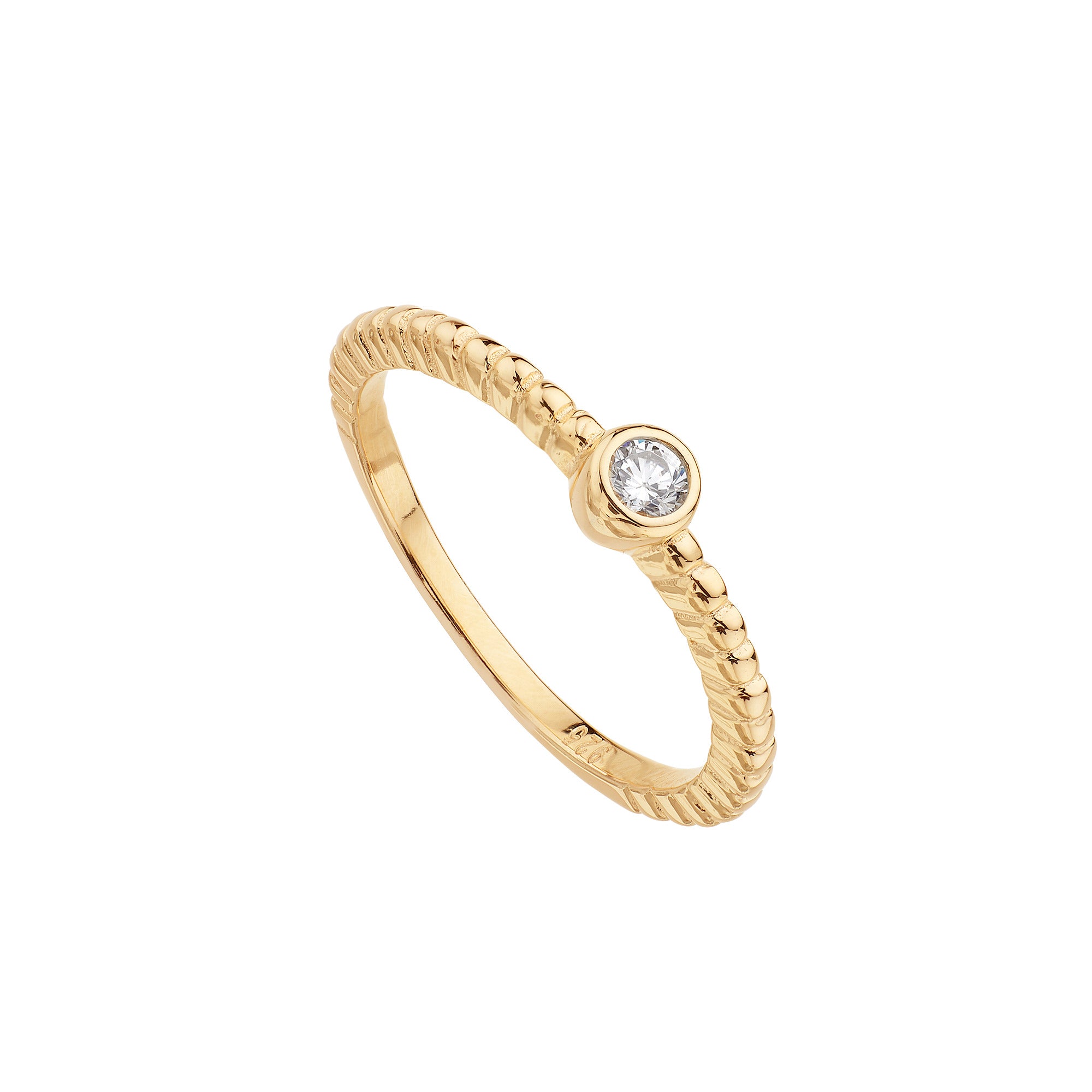 Anillo solitario moderno con bolas, chapado en oro amarillo y circonita blanca, ideal para ocasiones especiales.