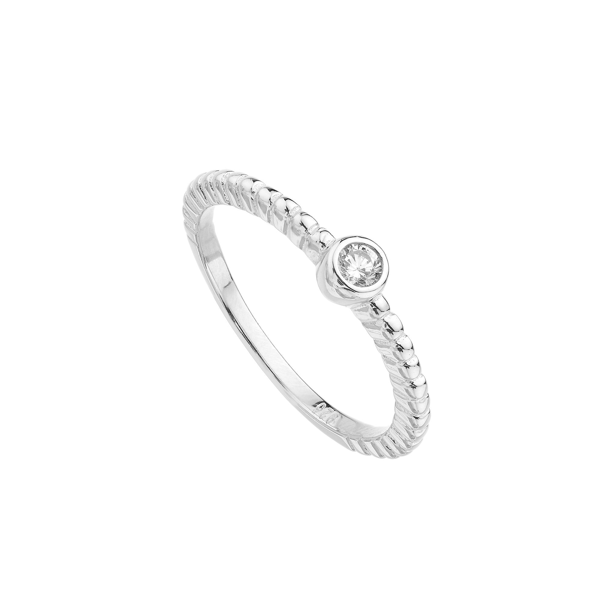 Anillo Solitario Bolas Plata con circonita blanca, elegante y moderno, adornado con bolas de plata.