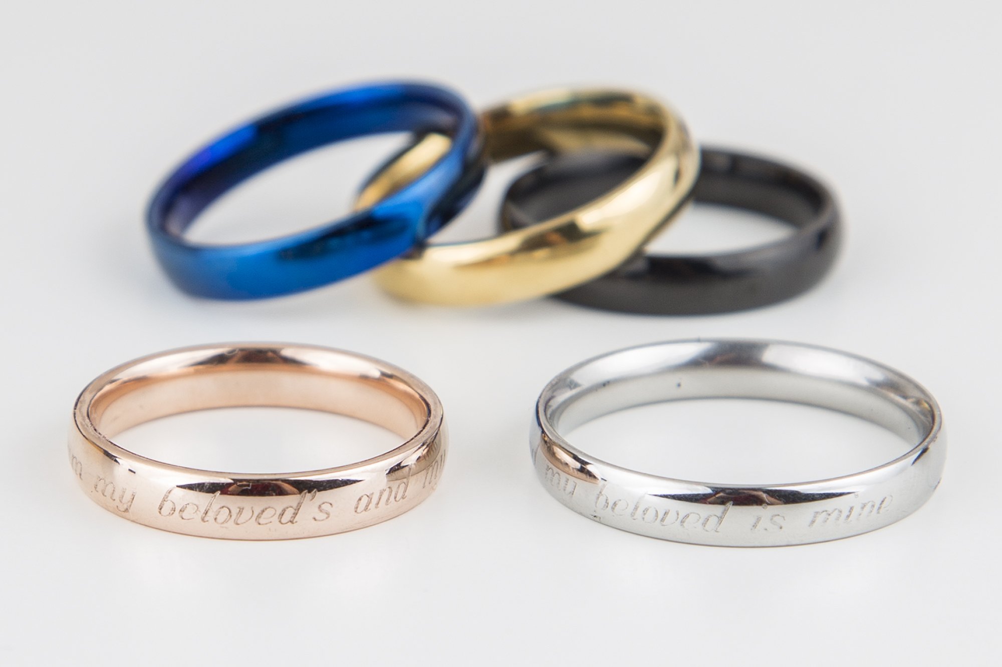 Song 6:3 Wedding Ring featuring the inscription 'I am my beloved's and my beloved is mine' in a shiny gold finish.