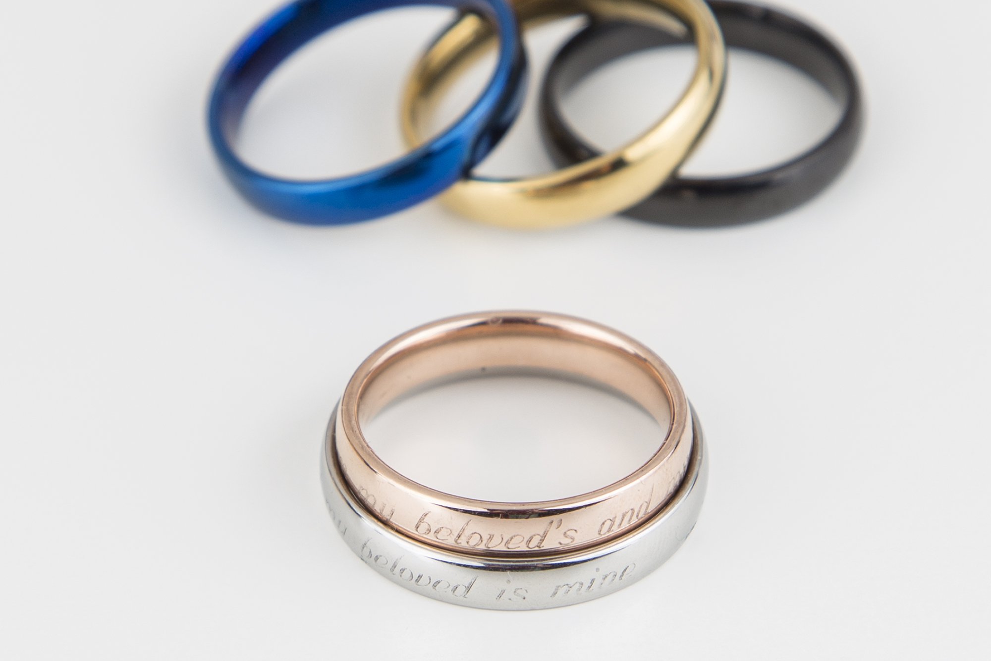 Song 6:3 Wedding Ring featuring the inscription 'I am my beloved's and my beloved is mine' in a shiny gold finish.