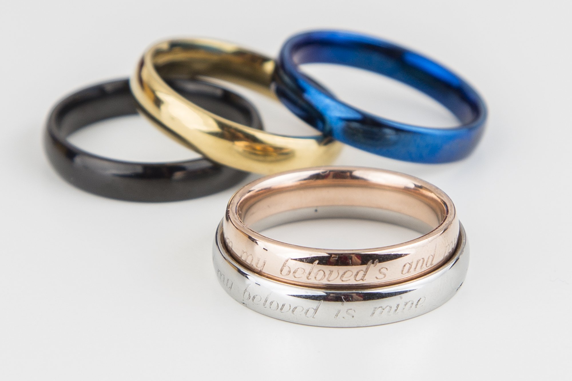 Song 6:3 Wedding Ring featuring the inscription 'I am my beloved's and my beloved is mine' in a shiny gold finish.