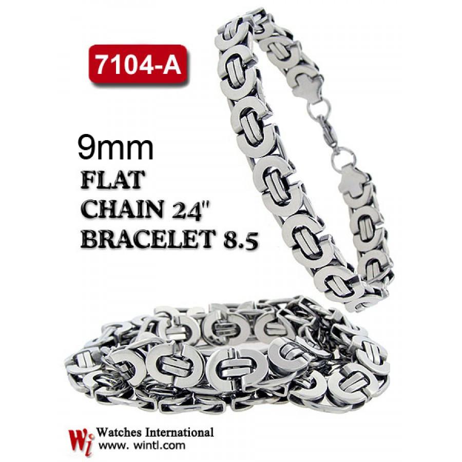 SOREN 9MM Steel Byzantine Flat Link Bundle featuring a 24-inch chain and 8.75-inch bracelet in stainless steel with gold plating.