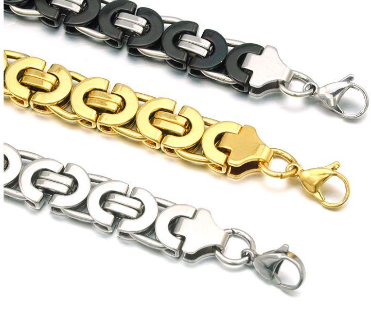 SOREN 9MM Steel Byzantine Flat Link Bundle featuring a 24-inch chain and 8.75-inch bracelet in stainless steel with gold plating.
