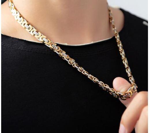 SOREN 9MM Steel Byzantine Flat Link Bundle featuring a 24-inch chain and 8.75-inch bracelet in stainless steel with gold plating.