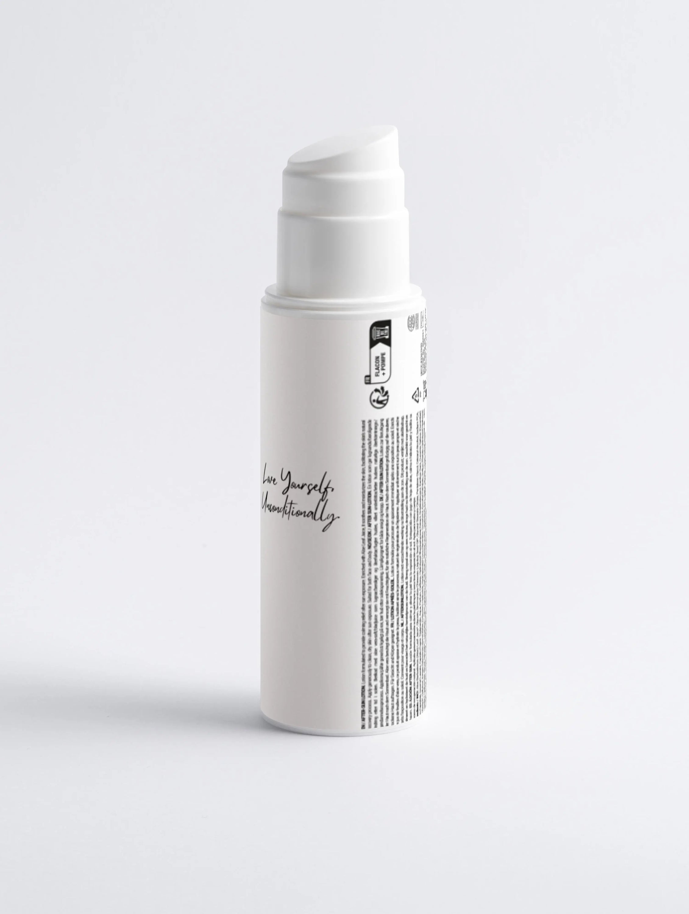 Soothing After-Sun Lotion in a sleek white bottle, enriched with Aloe Leaf Juice for skin recovery after sun exposure.