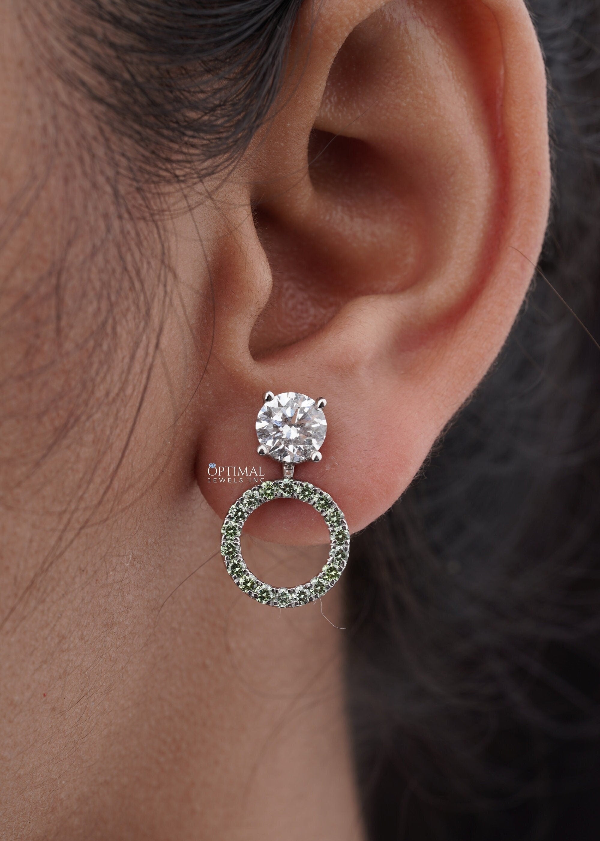 Sparkling Green Halo Diamond Stud Earrings featuring round lab-grown diamonds in a 14K solid gold setting, showcasing elegance and brilliance.