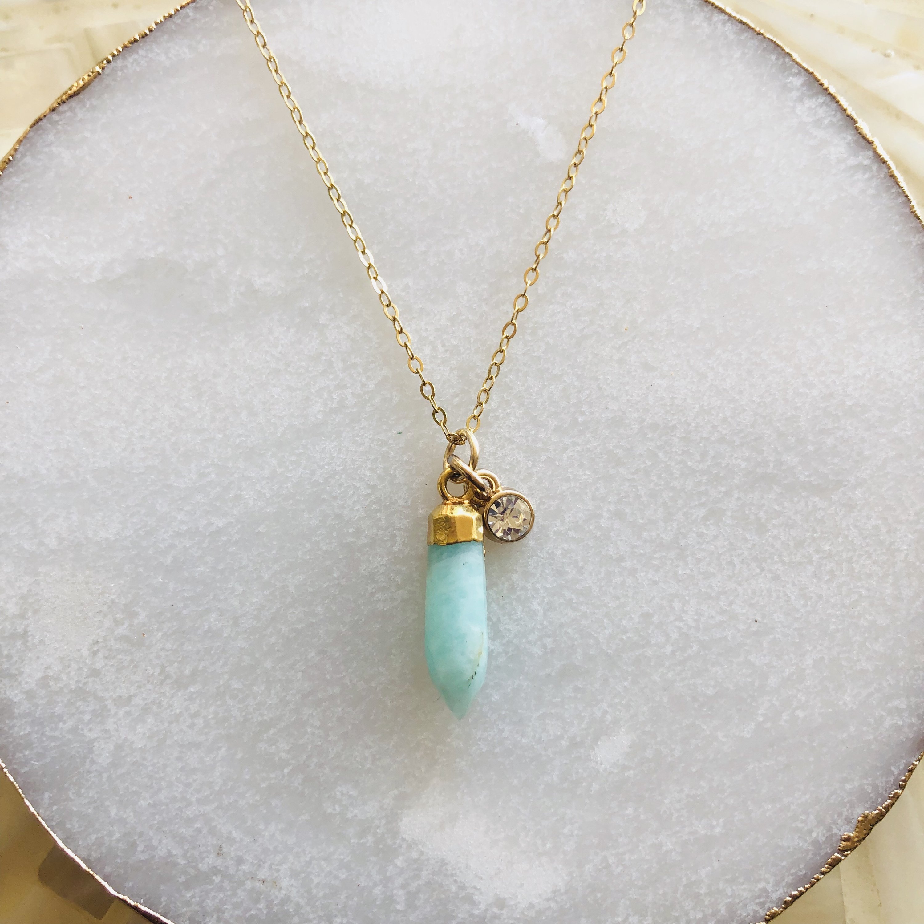 Sparkling Russian Amazonite Pendulum Necklace with gold-filled cable chain, showcasing a hand-cut Amazonite pendant.