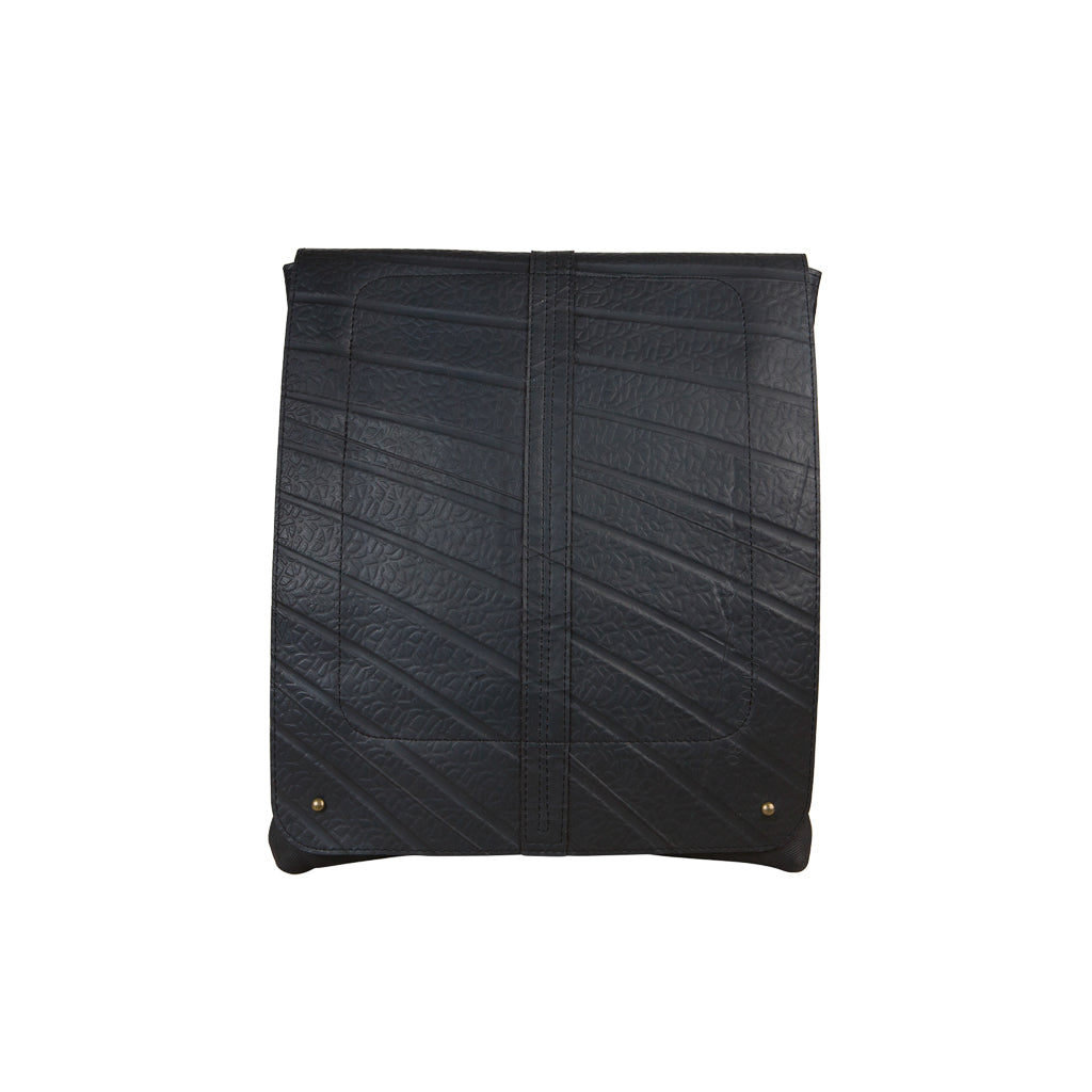 Spencer Recycled Rubber Vegan Crossbody Bag showcasing unique patterns and textures from reclaimed inner tubes, available in three sizes.