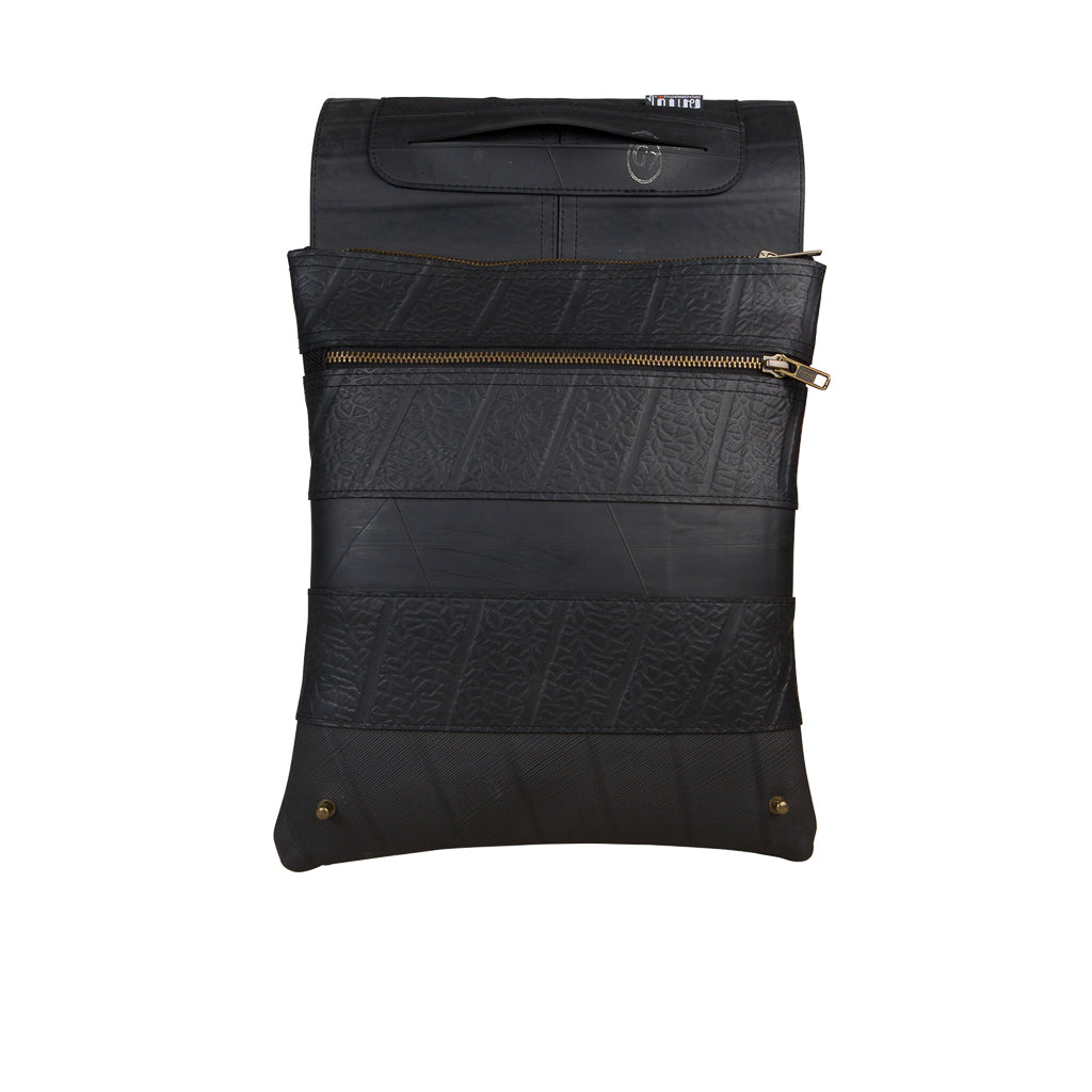 Spencer Recycled Rubber Vegan Crossbody Bag showcasing unique patterns and textures from reclaimed inner tubes, available in three sizes.