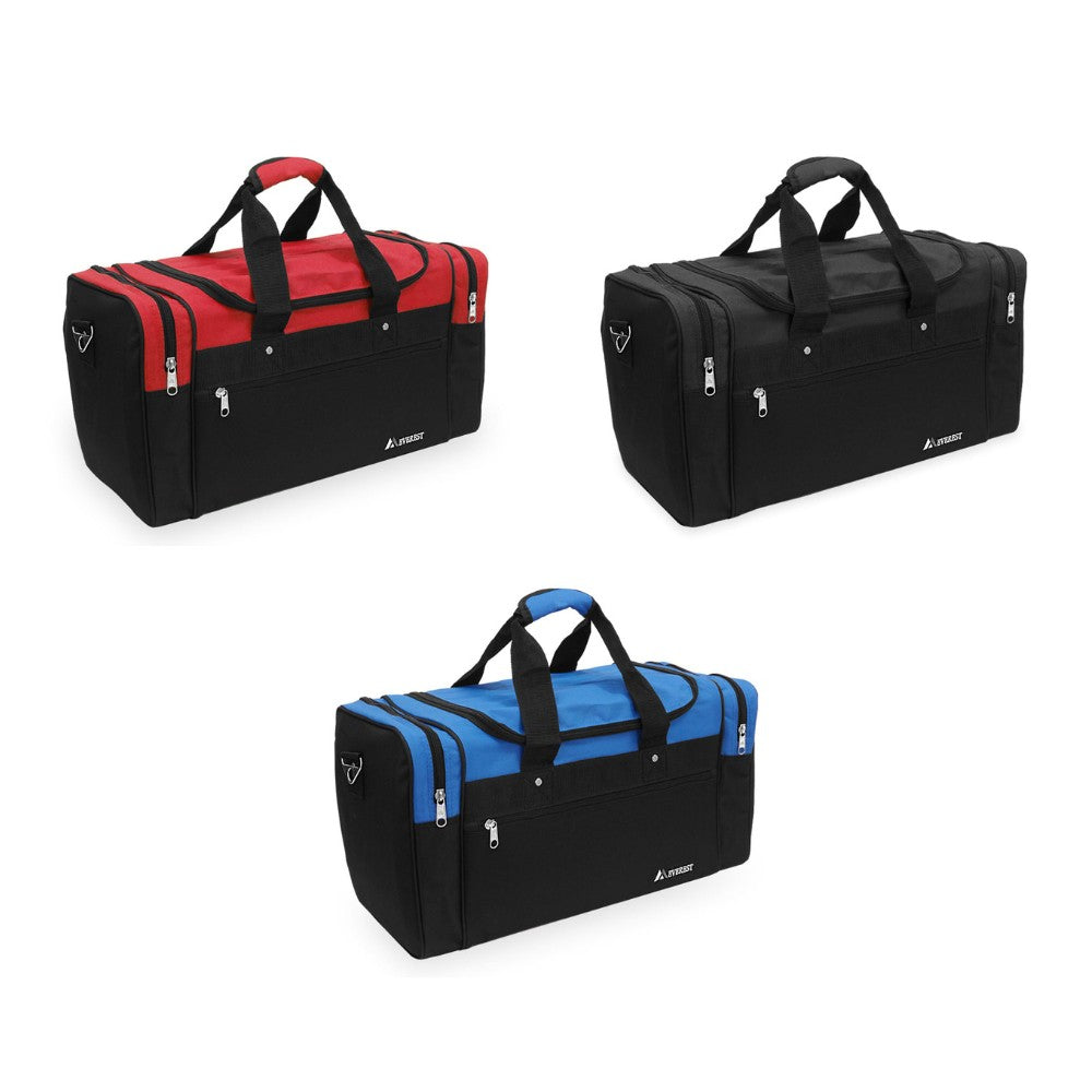 20-inch woodland camo sports duffel bag with adjustable strap and zippered compartments.