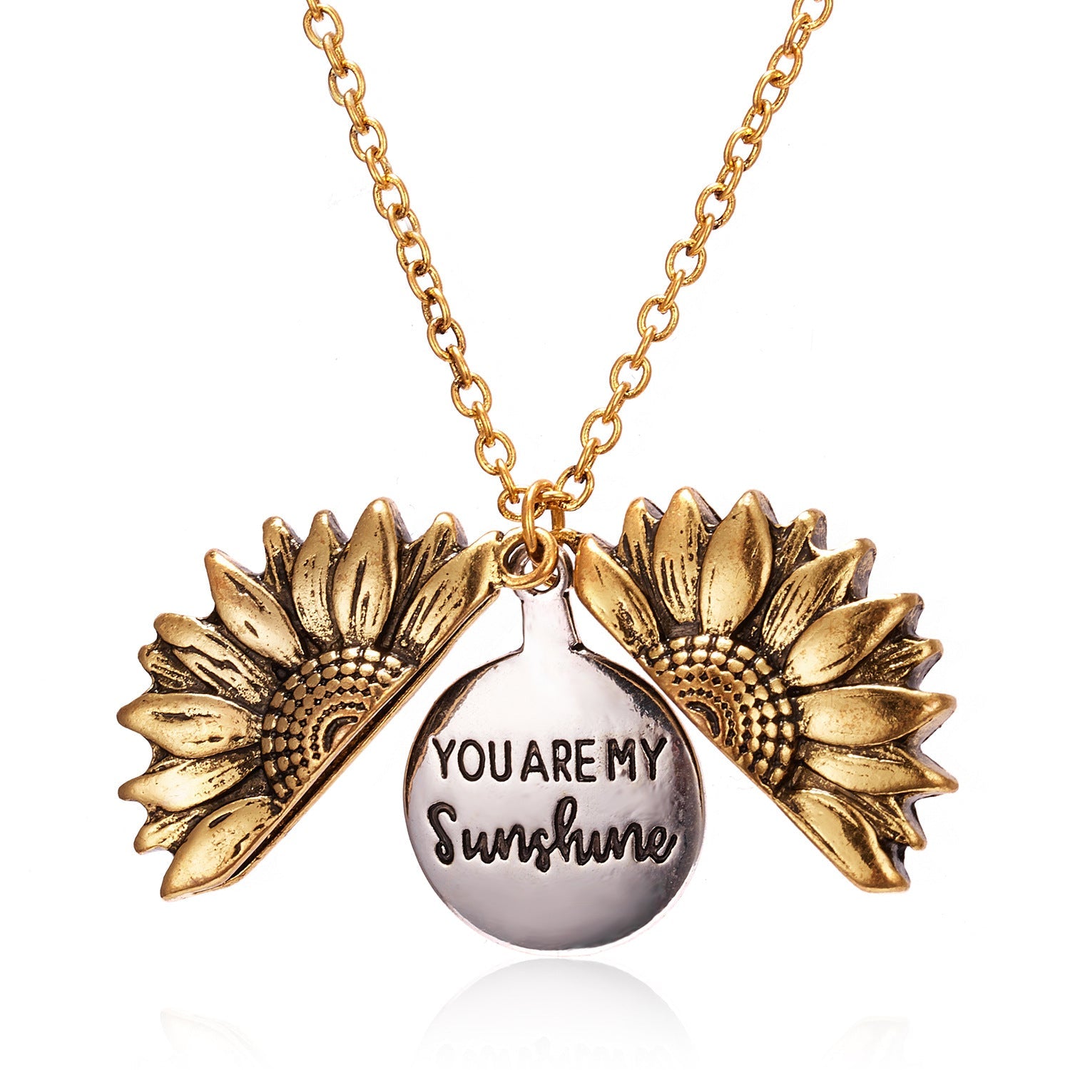 Open Sunflower Pendant Necklace in 14K Gold Plating with link chain and lobster clasp, featuring a beautiful sunflower design.