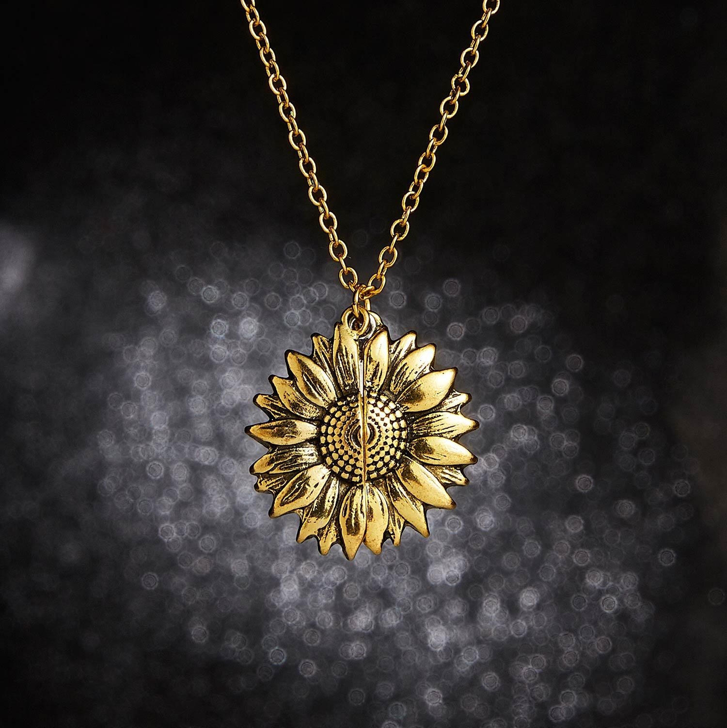 Open Sunflower Pendant Necklace in 14K Gold Plating with link chain and lobster clasp, featuring a beautiful sunflower design.