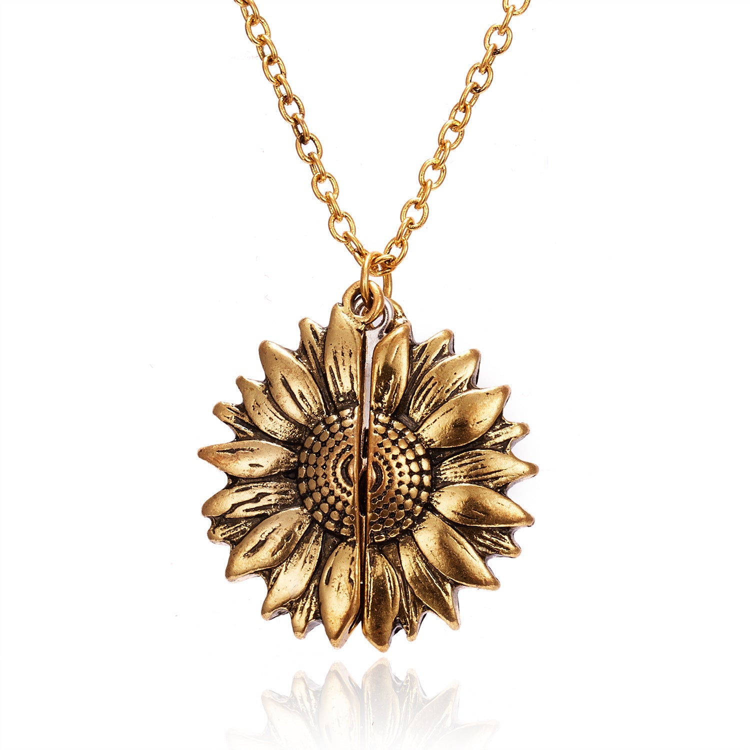 Open Sunflower Pendant Necklace in 14K Gold Plating with link chain and lobster clasp, featuring a beautiful sunflower design.