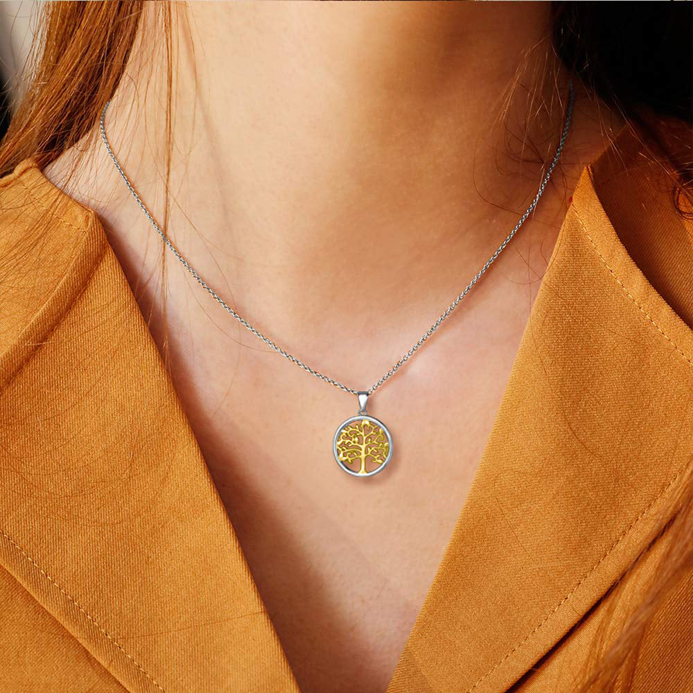 Multi-Color Tree of Life Filigree Necklace in 14K Gold with vibrant colors and intricate design, featuring a link chain and lobster clasp.