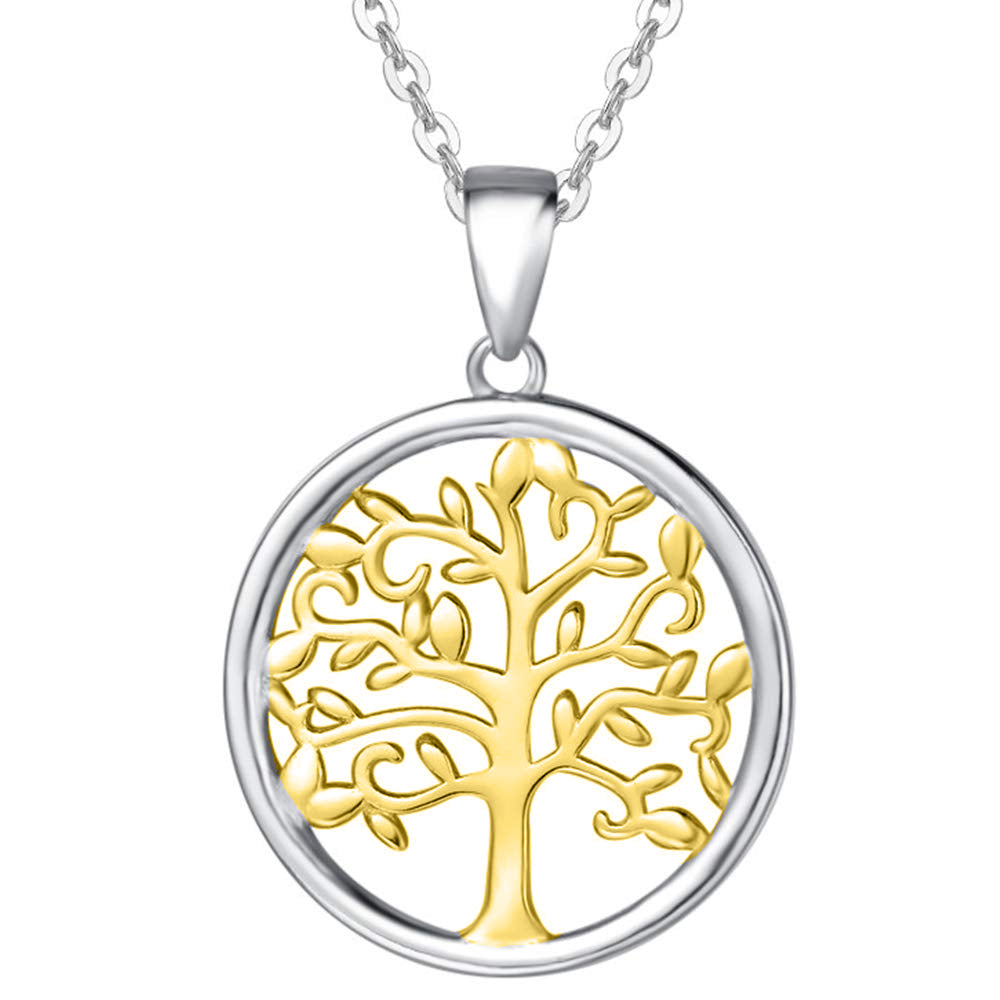Multi-Color Tree of Life Filigree Necklace in 14K Gold with vibrant colors and intricate design, featuring a link chain and lobster clasp.