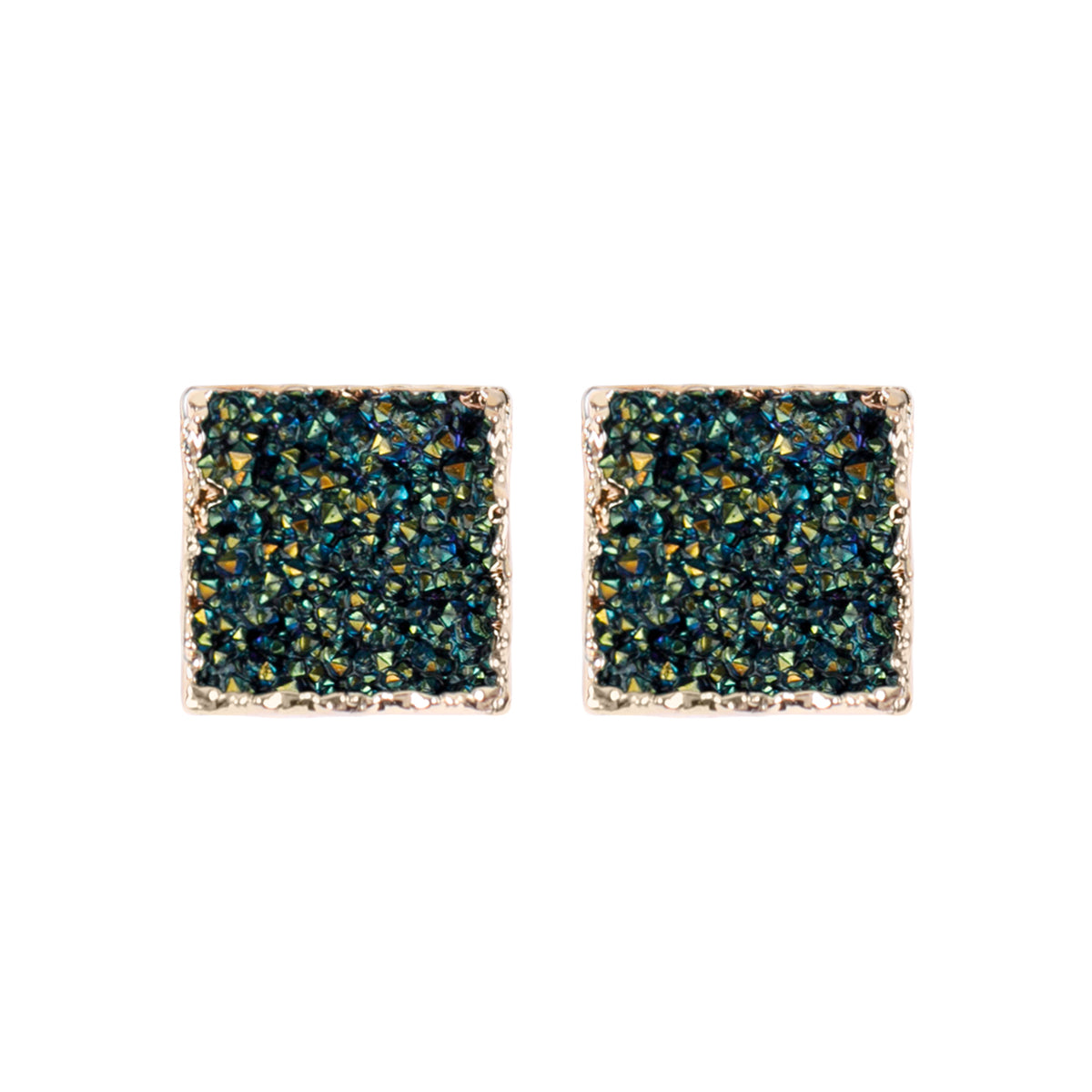 A pair of square druzy stud earrings featuring shimmering stones in various colors, set in base metal, perfect for any occasion.