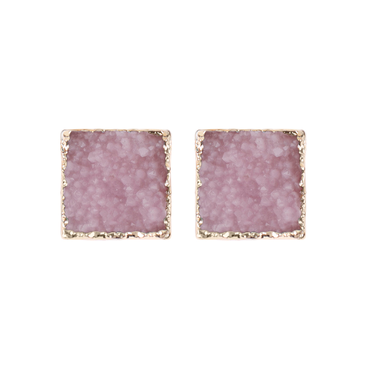 A pair of square druzy stud earrings featuring shimmering stones in various colors, set in base metal, perfect for any occasion.