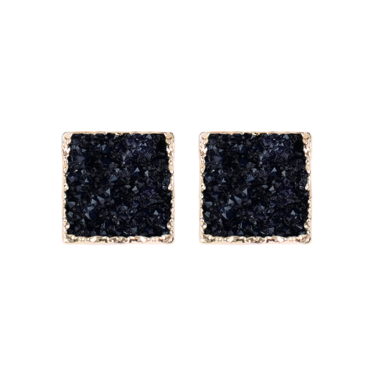 A pair of square druzy stud earrings featuring shimmering stones in various colors, set in base metal, perfect for any occasion.