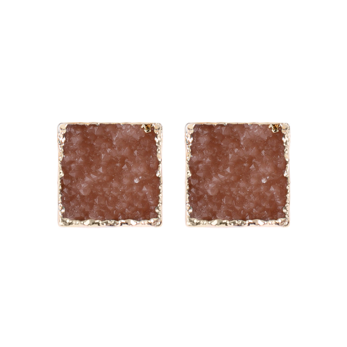 A pair of square druzy stud earrings featuring shimmering stones in various colors, set in base metal, perfect for any occasion.