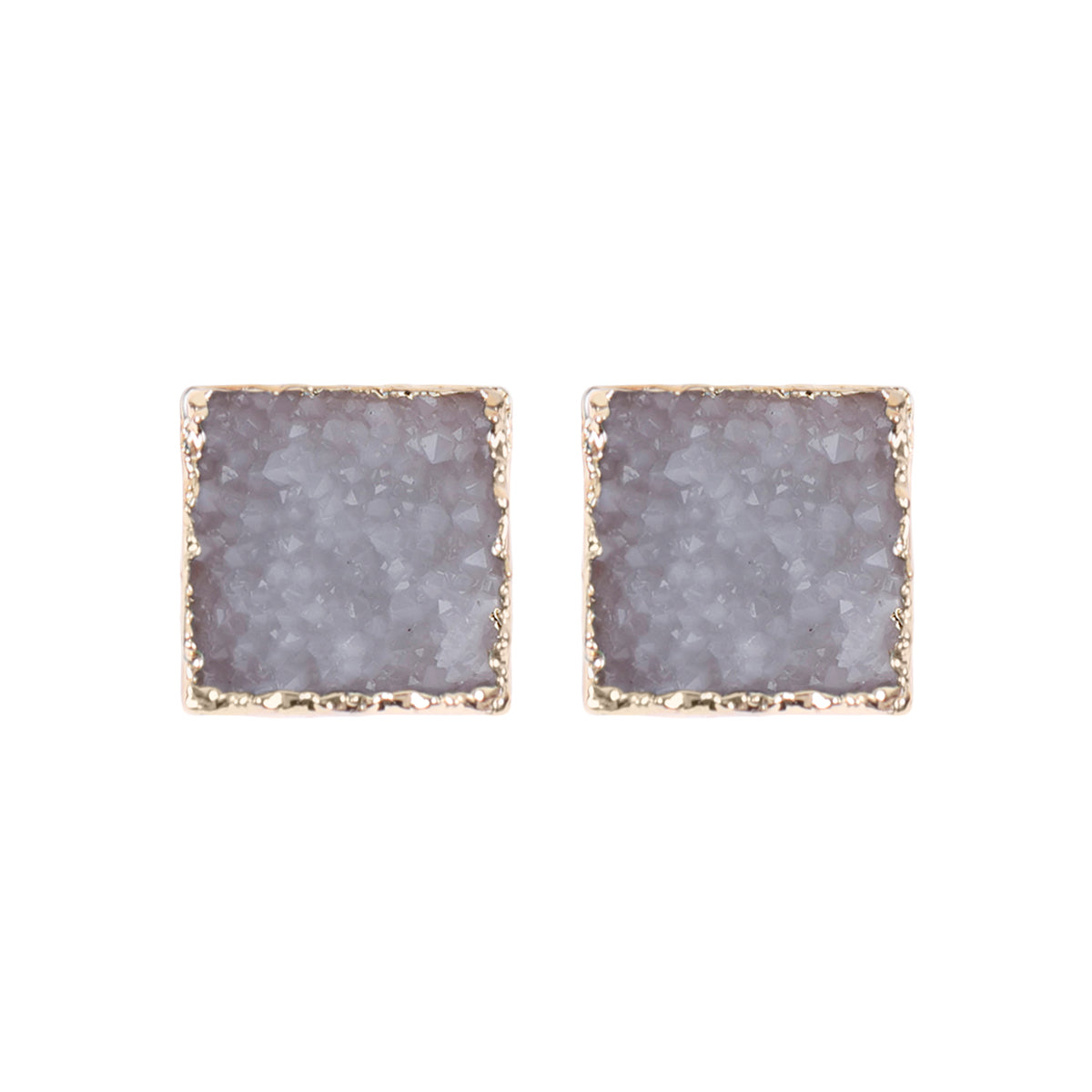 A pair of square druzy stud earrings featuring shimmering stones in various colors, set in base metal, perfect for any occasion.
