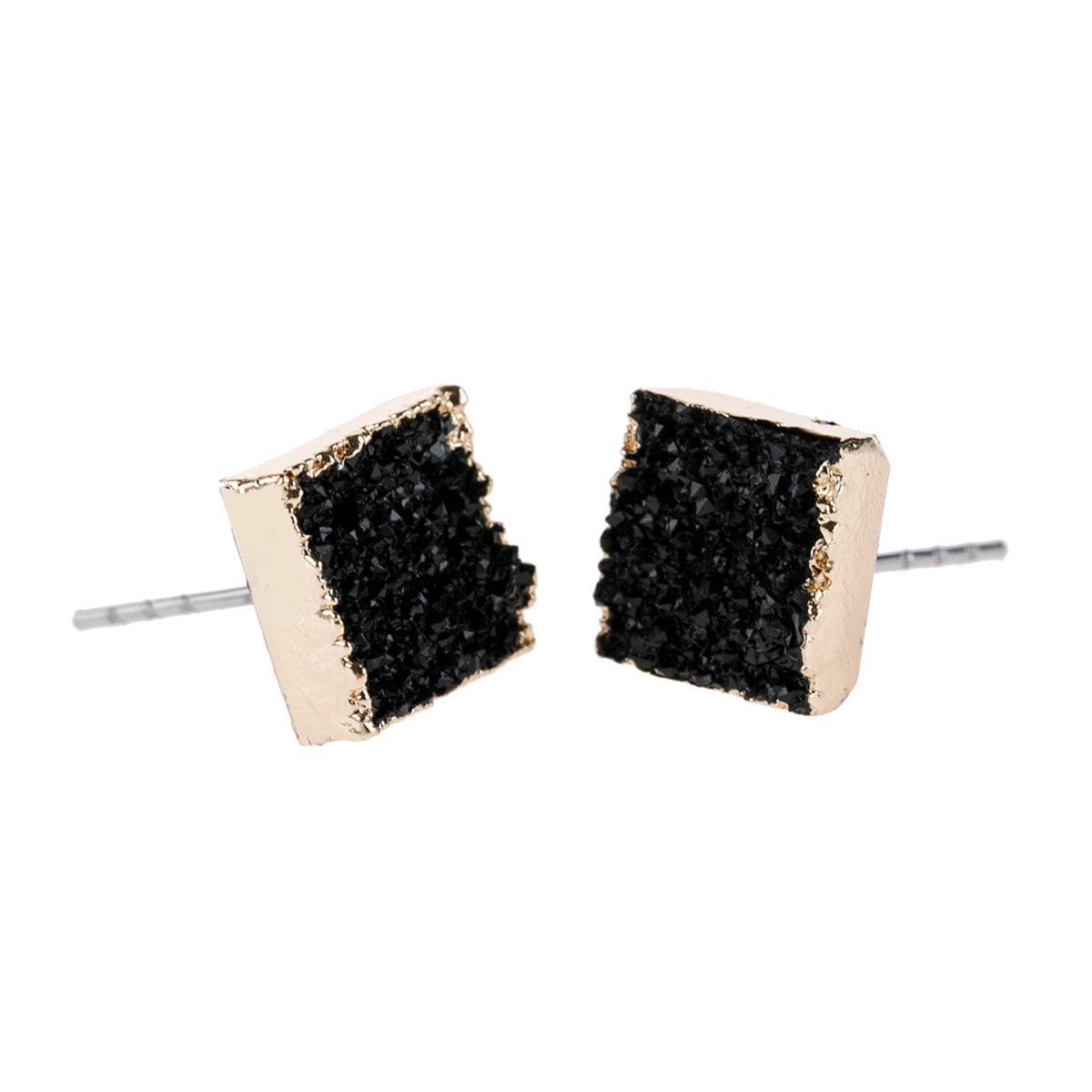 A pair of square druzy stud earrings featuring shimmering stones in various colors, set in base metal, perfect for any occasion.