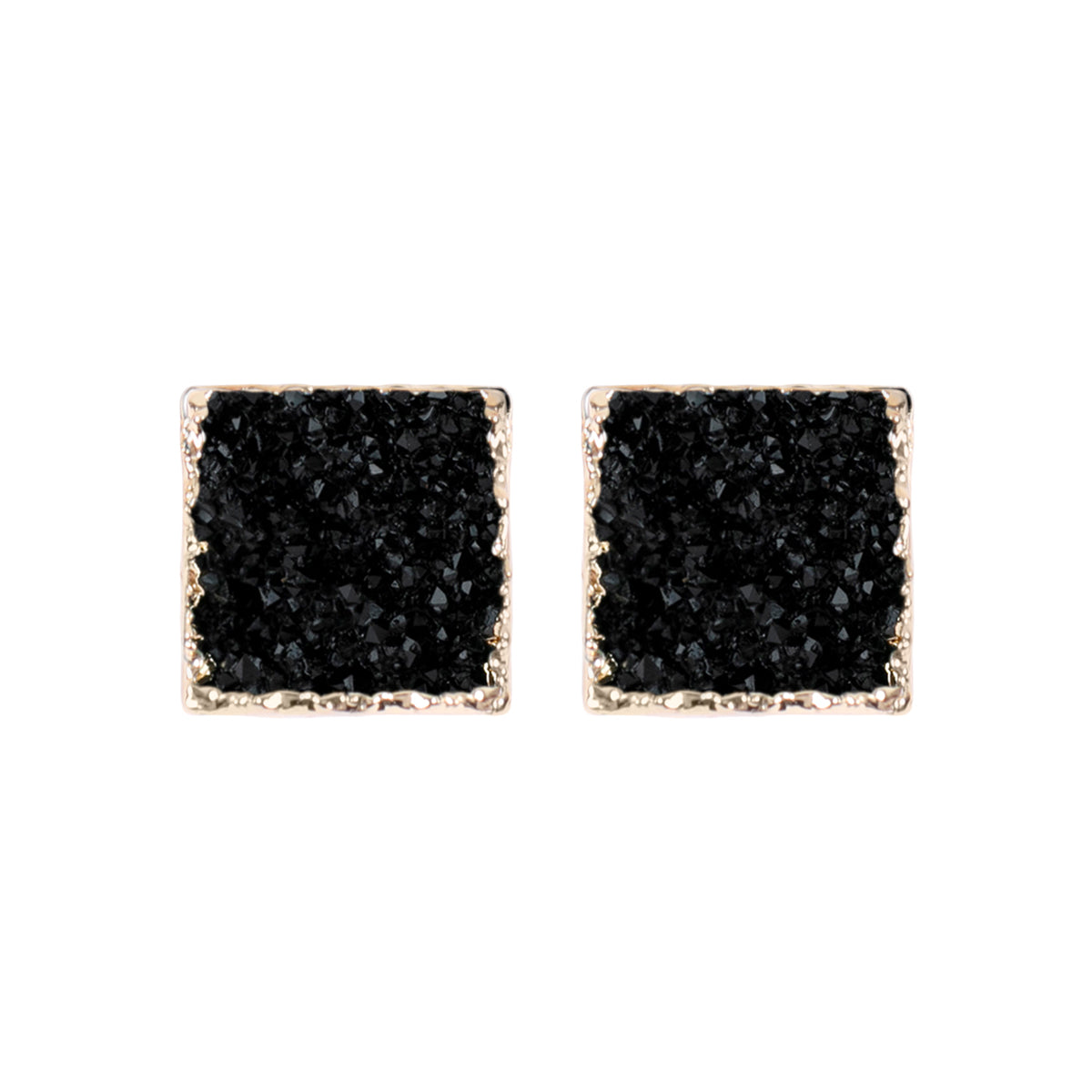 A pair of square druzy stud earrings featuring shimmering stones in various colors, set in base metal, perfect for any occasion.