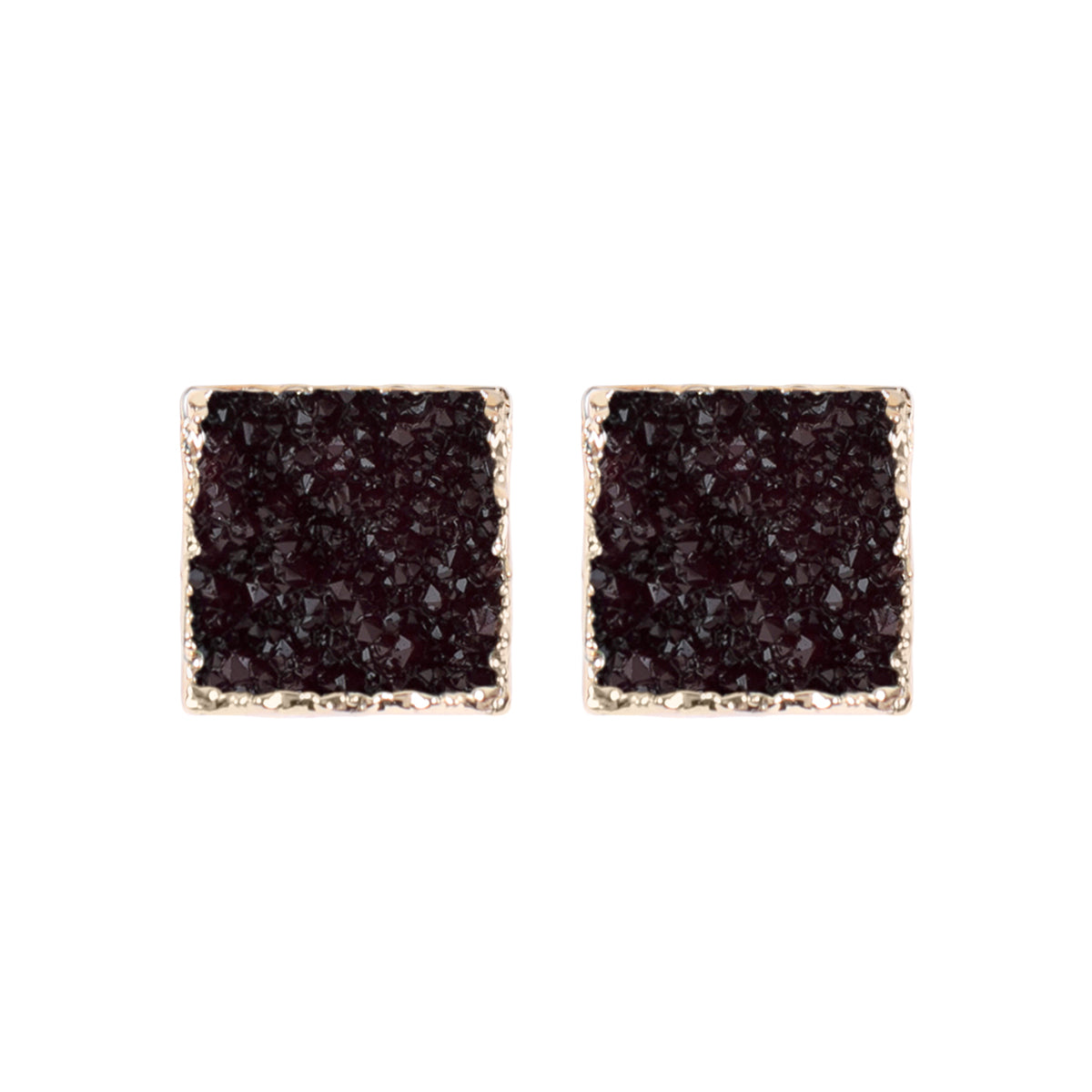 A pair of square druzy stud earrings featuring shimmering stones in various colors, set in base metal, perfect for any occasion.