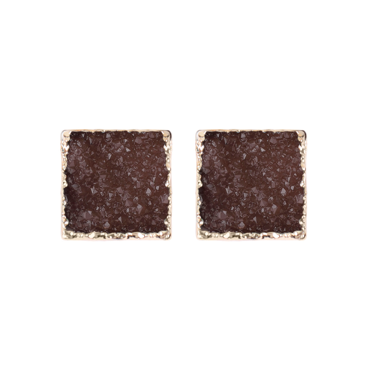 A pair of square druzy stud earrings featuring shimmering stones in various colors, set in base metal, perfect for any occasion.