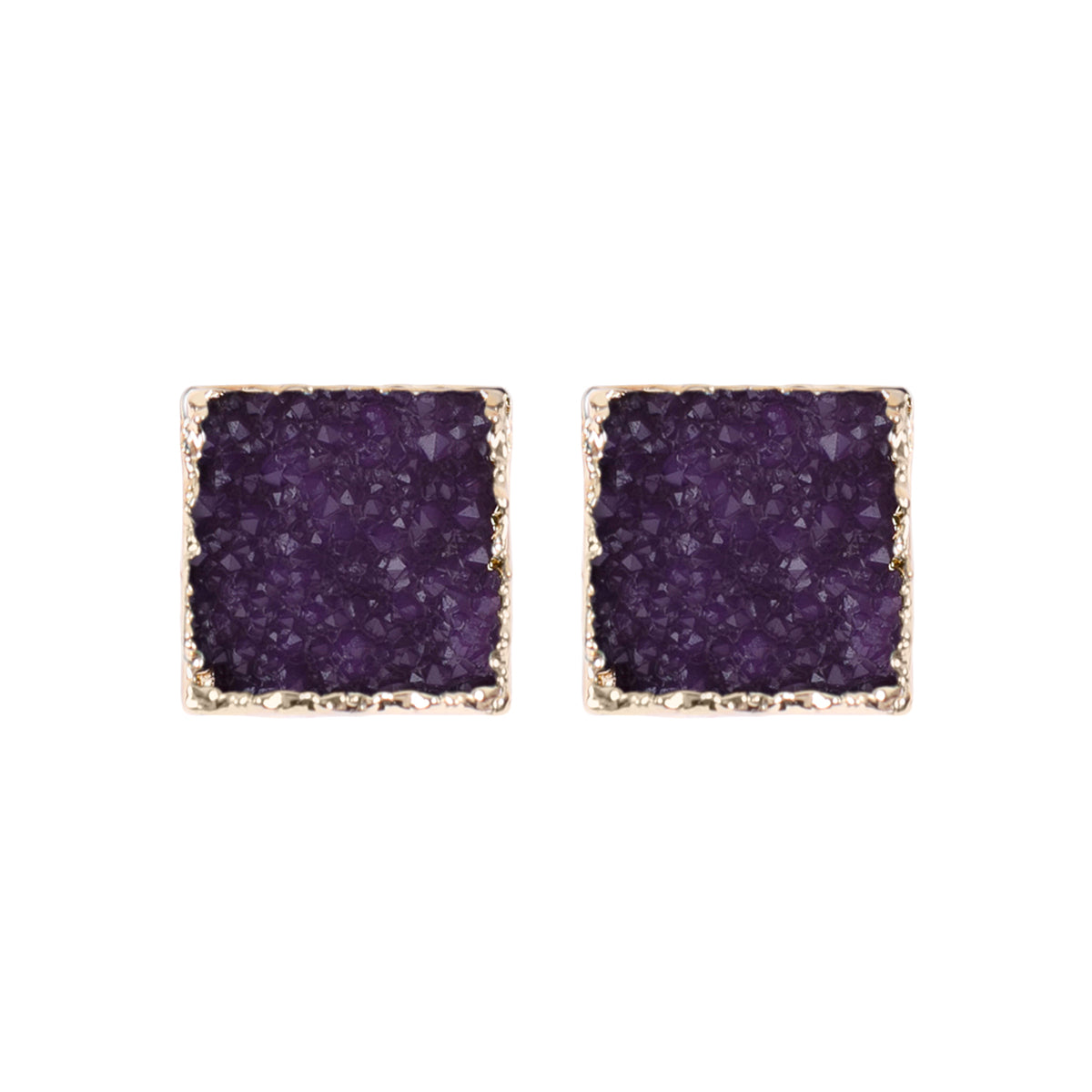 A pair of square druzy stud earrings featuring shimmering stones in various colors, set in base metal, perfect for any occasion.