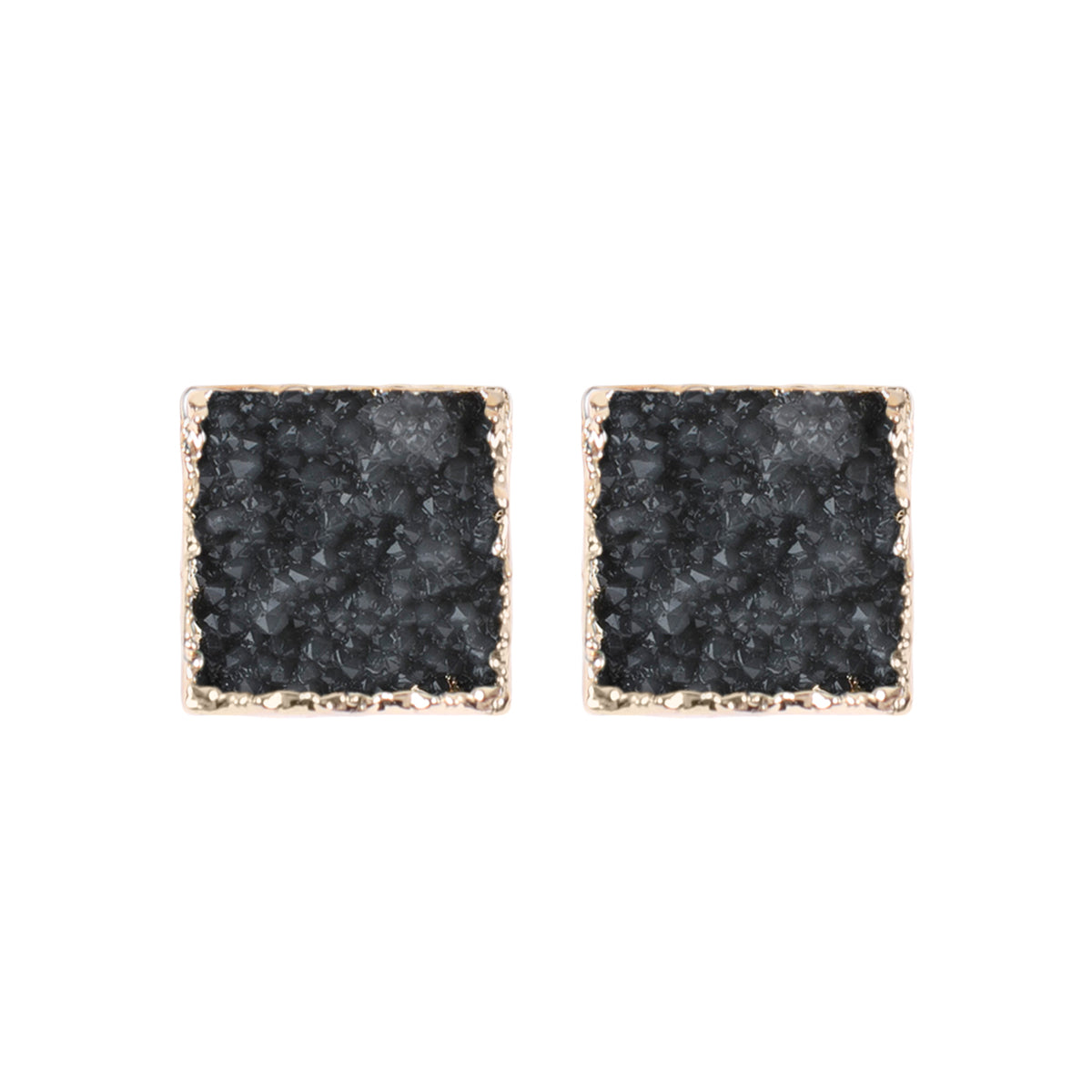 A pair of square druzy stud earrings featuring shimmering stones in various colors, set in base metal, perfect for any occasion.