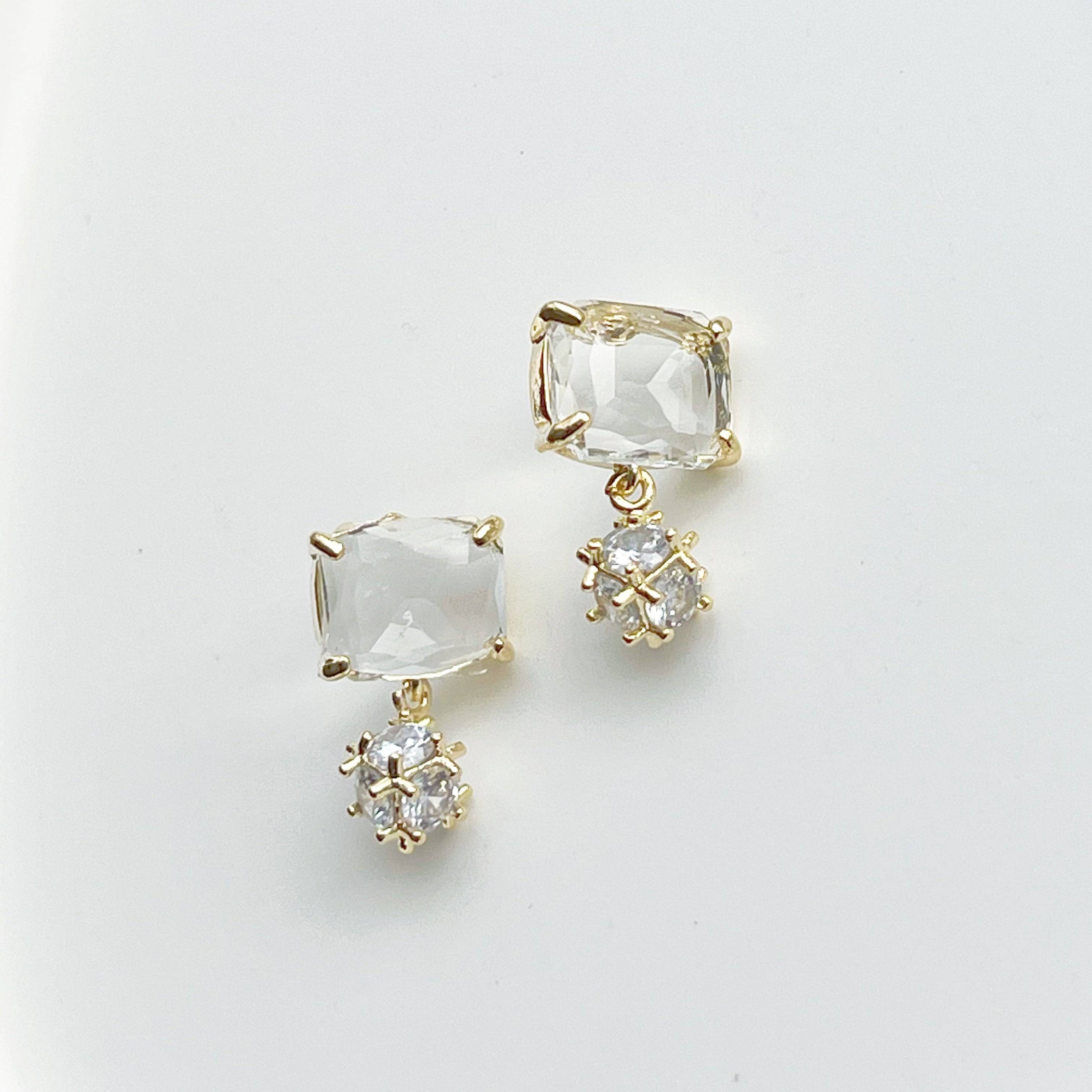 Elegant Square Ice Cube Crystal Stud Earrings with Little Drops, featuring sterling silver and gold-coated bronze materials.