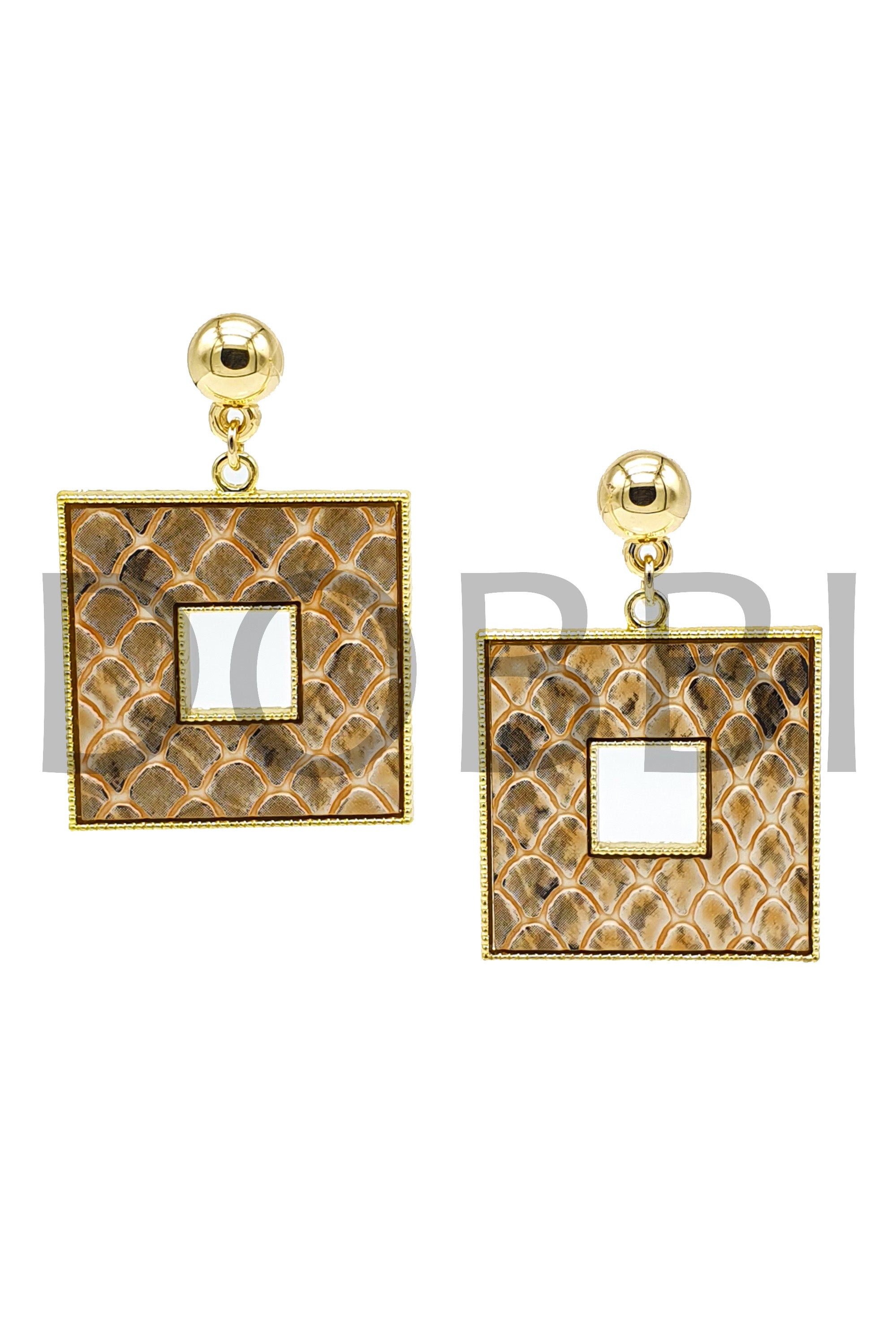 A pair of stylish square snake skin drop earrings featuring a unique design and lightweight materials.