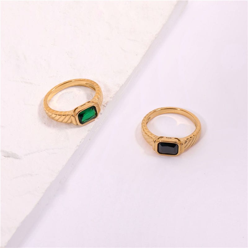 Square Threader Obsidian Crystal Ring featuring a black cubic cut CZ stone set in 18k gold plated stainless steel, showcasing a minimalist geometric design.