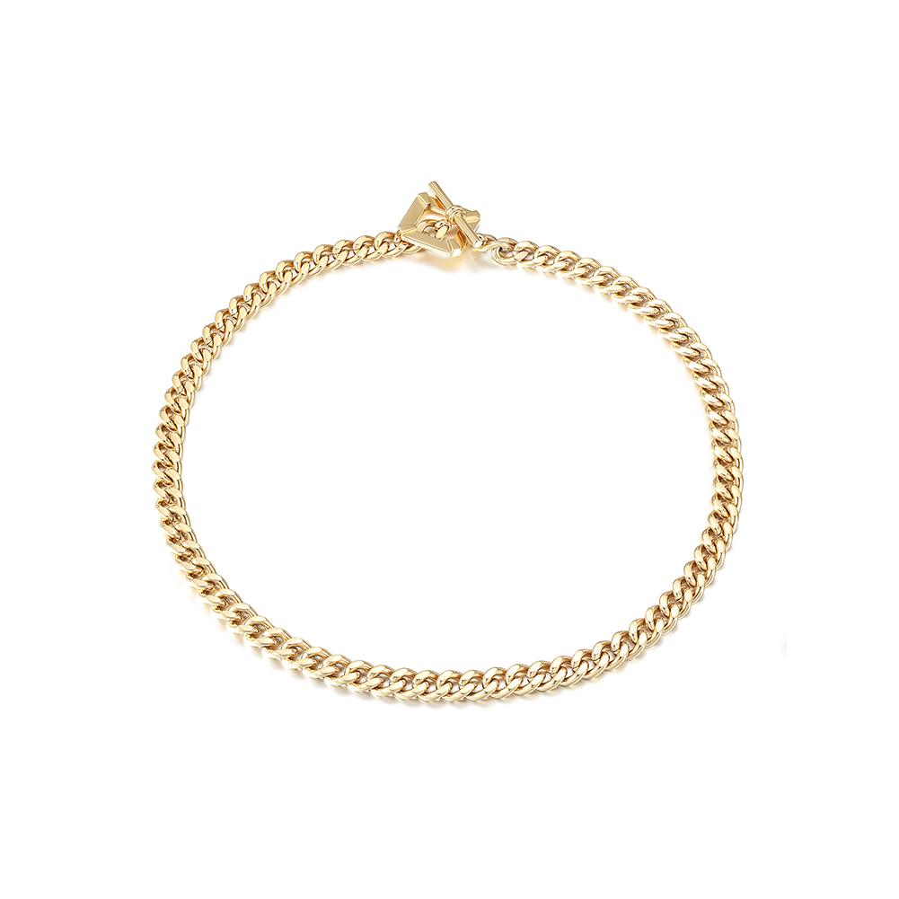 A stylish Square Toggle Clasp Chain Necklace made of 316L surgical stainless steel with 14K gold PVD plating, showcasing its elegant design.