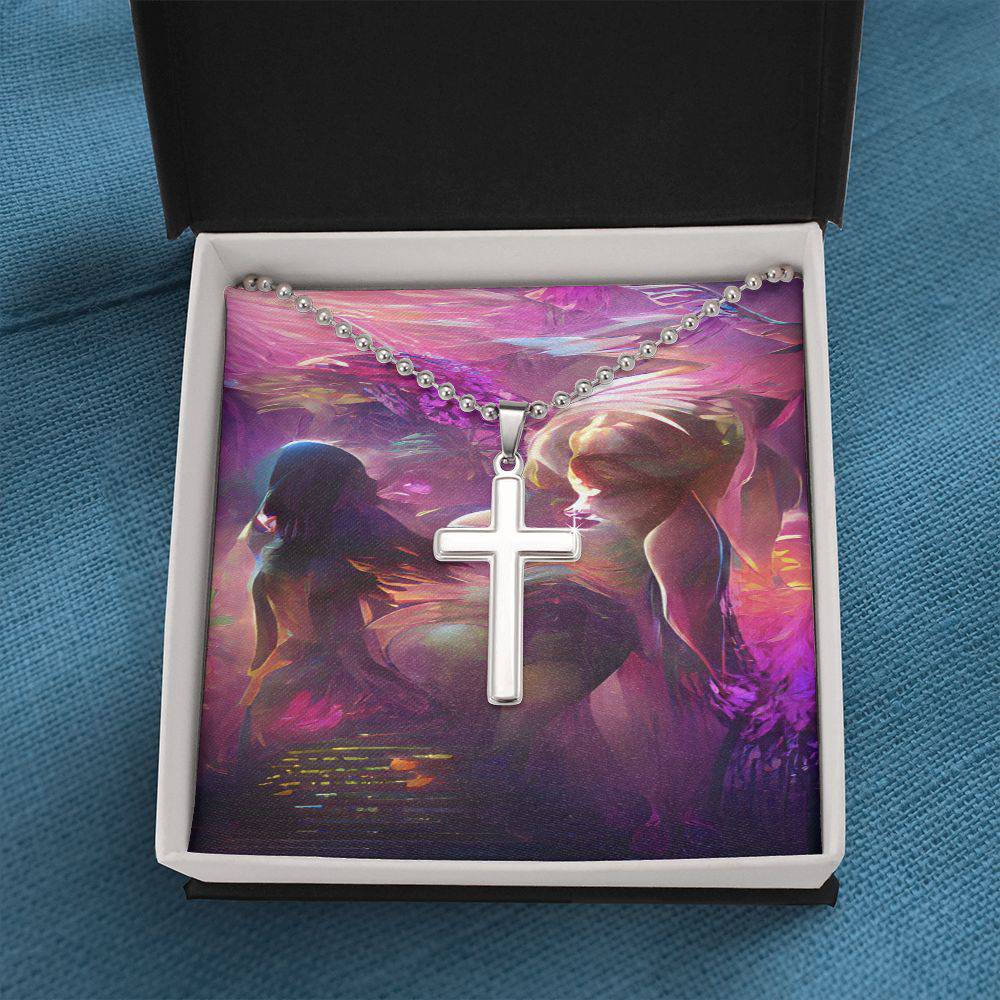 Artisan-crafted stainless steel cross necklace with ball chain, featuring a lobster clasp closure.