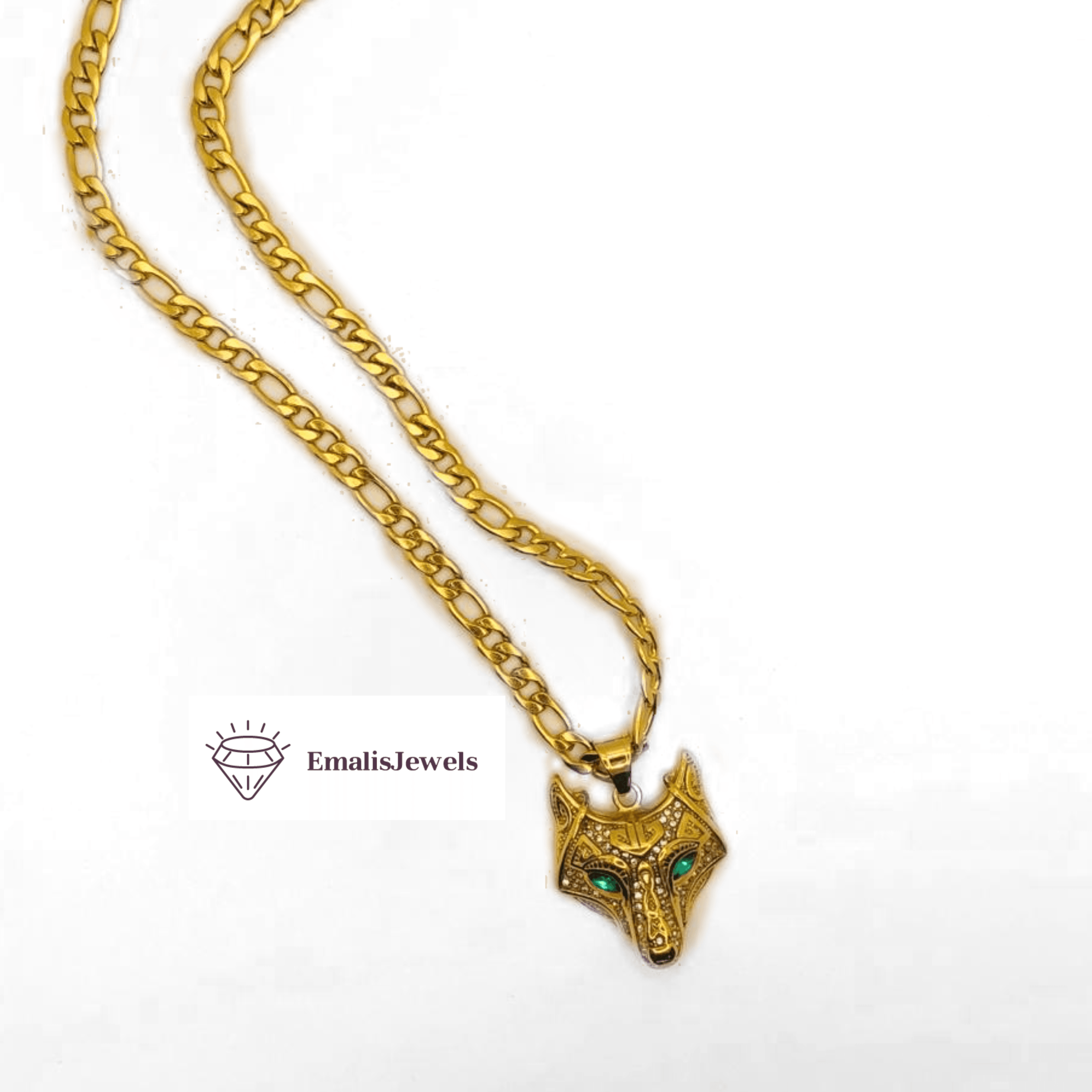 A stainless steel chain necklace featuring a gold overlay wolf pendant, showcasing intricate details and a stylish design.