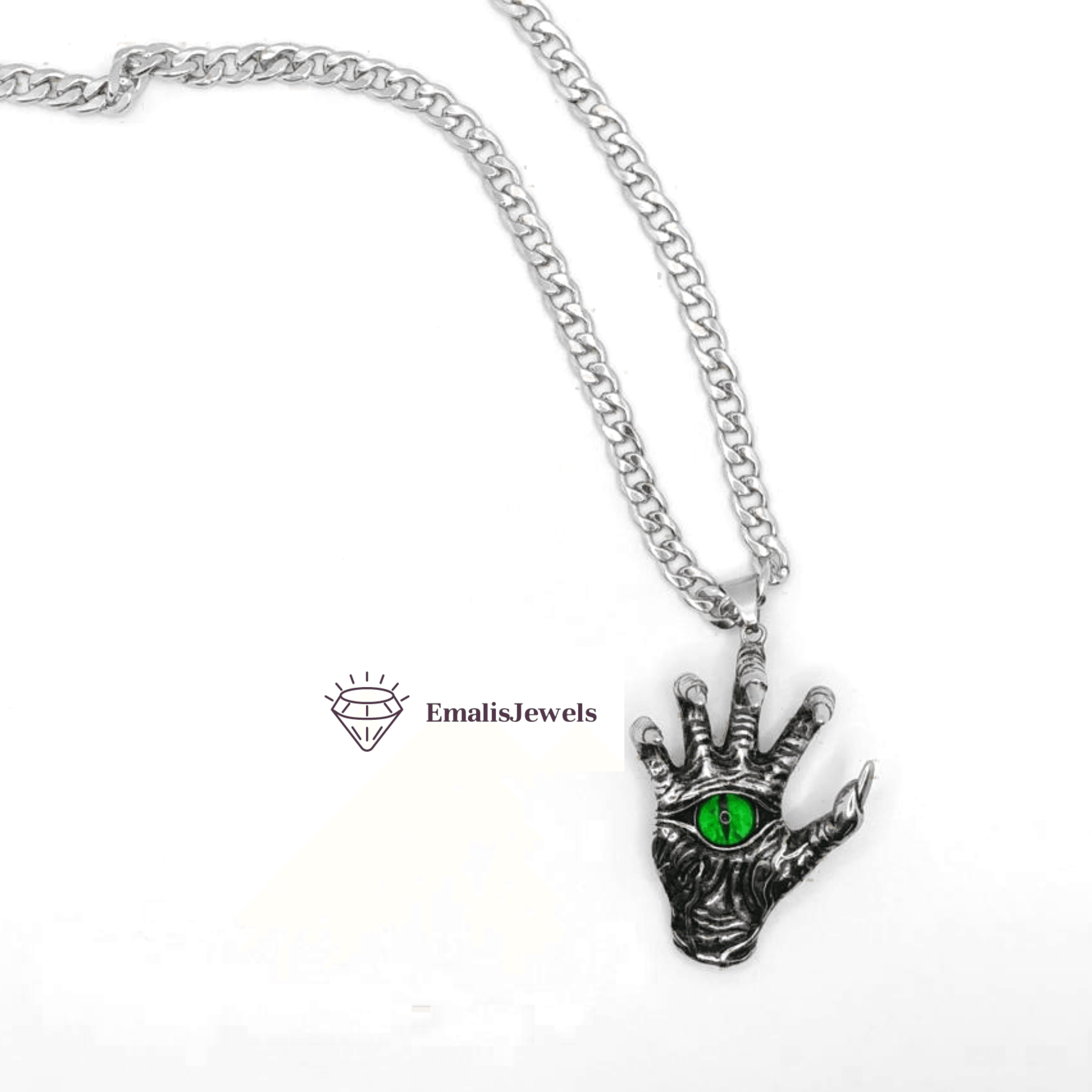 Stainless Steel Chain Necklace with hand/green eye pendant, showcasing its elegant design and quality craftsmanship.