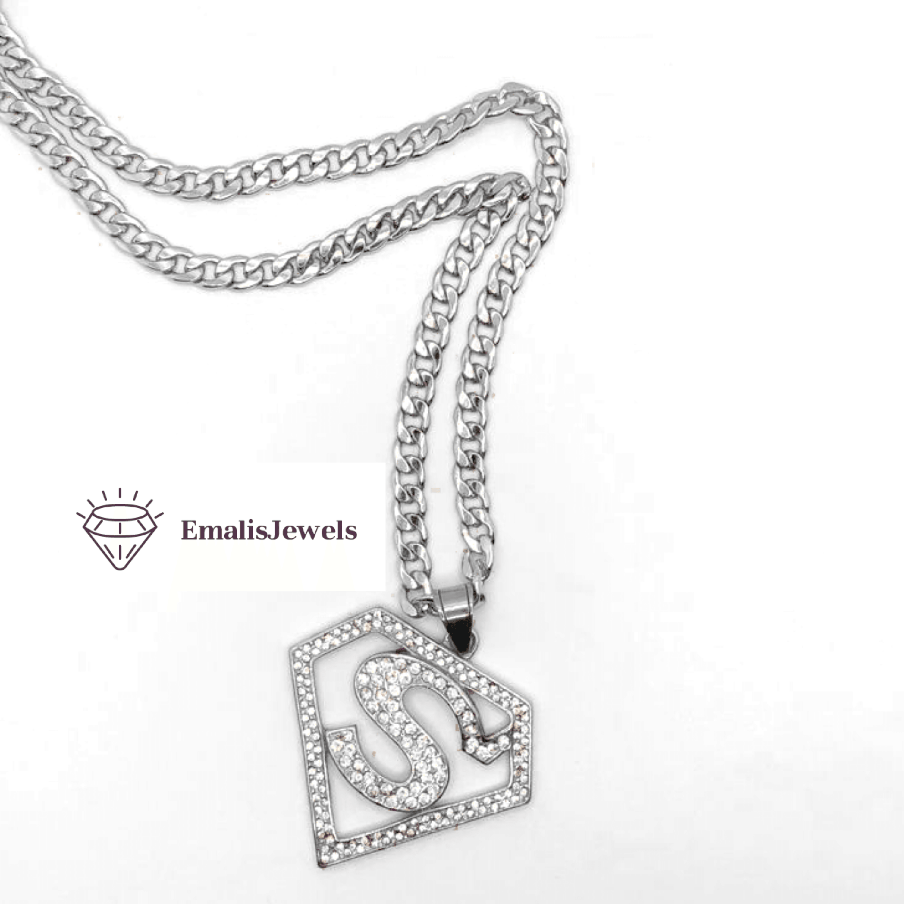 A stylish stainless steel chain necklace featuring a Super Hero S pendant, showcasing its durable design and quality craftsmanship.