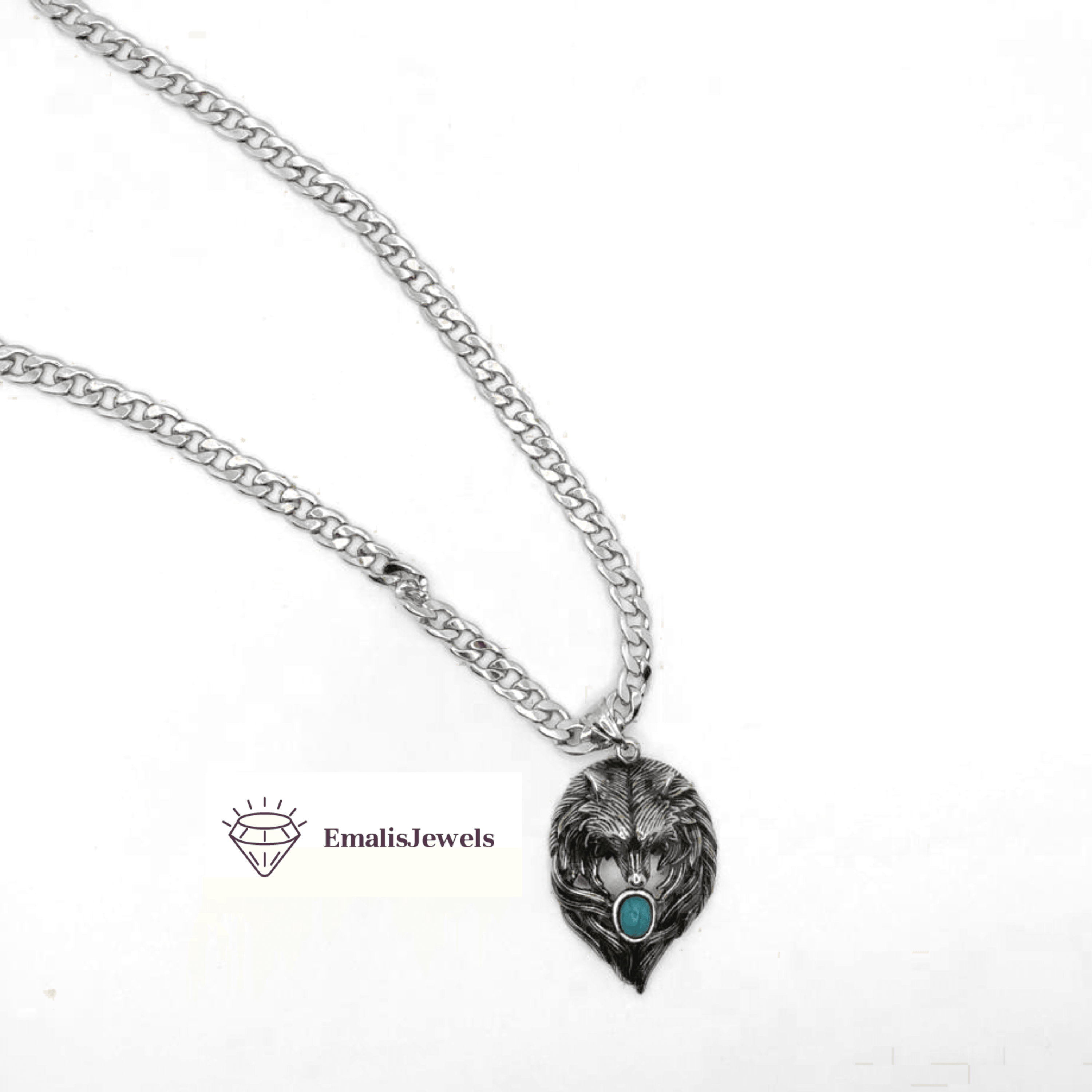 A stainless steel chain necklace featuring a wolf pendant with a pearl accent, showcasing elegance and durability.