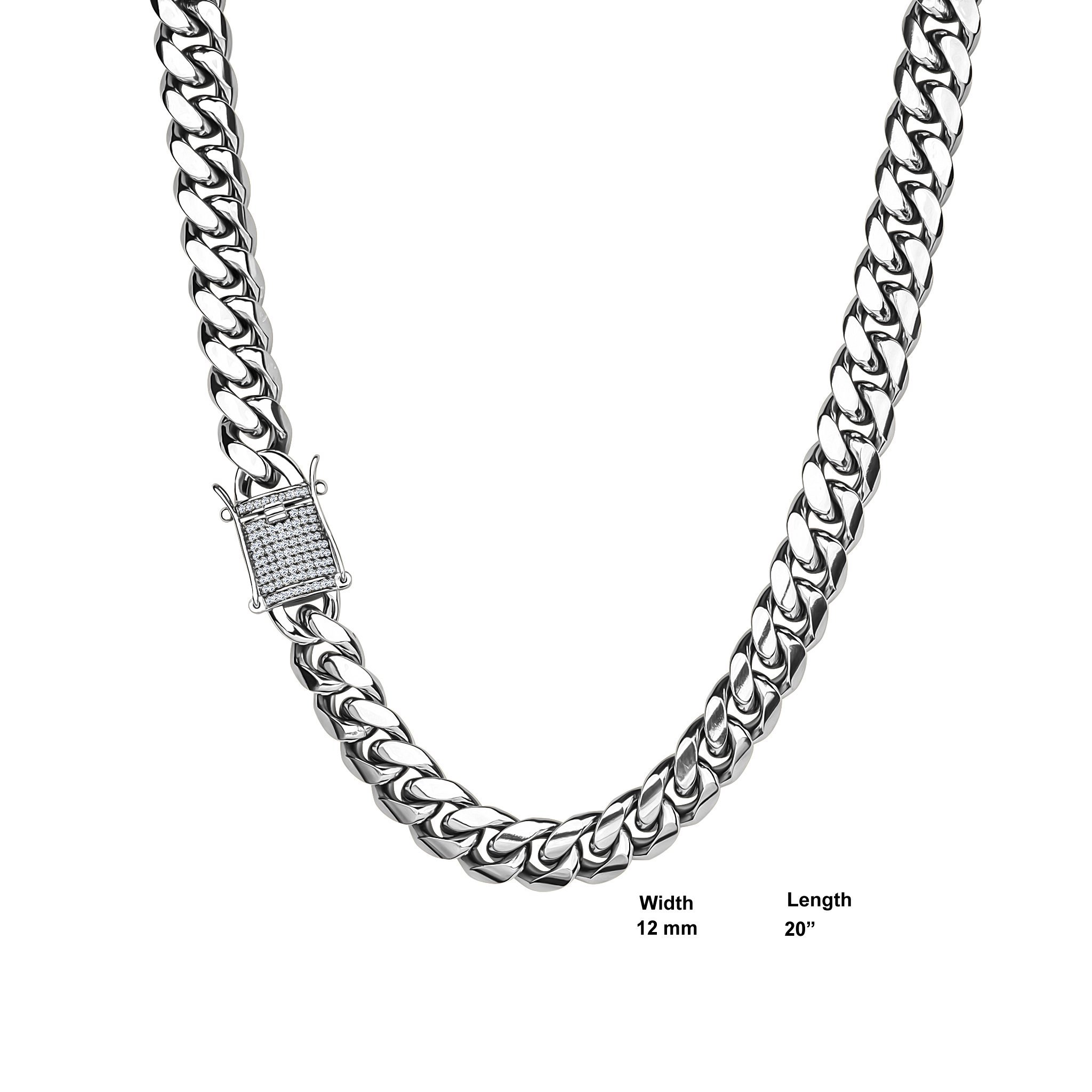 A 20-inch stainless steel chain featuring a 12mm cubic zirconia stone lock, showcasing its elegant design and durability.