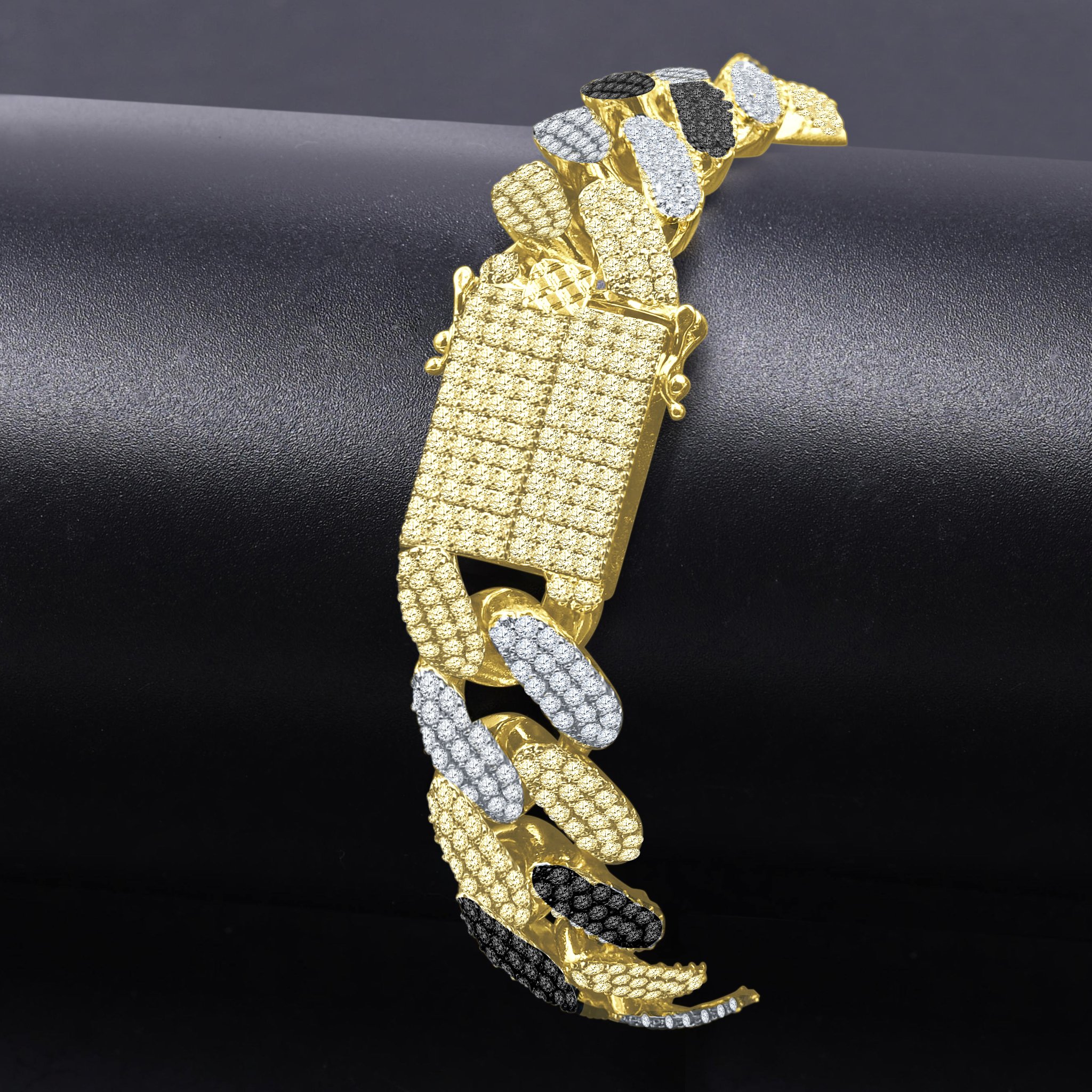 A luxurious STALLION Brass Bracelet featuring a solid cuban link design, adorned with sparkling cubic zirconia stones, showcasing exceptional craftsmanship.