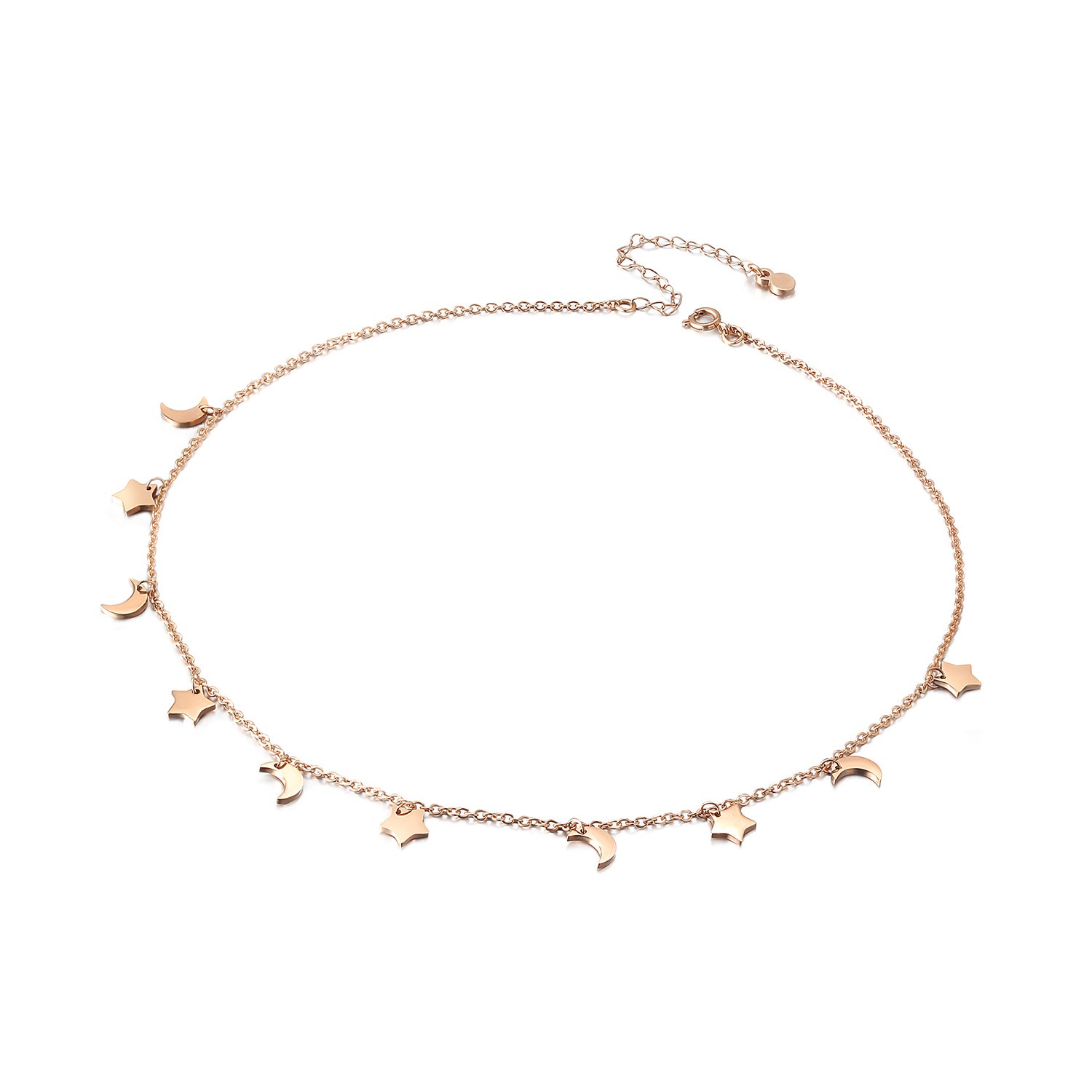 A beautiful Star and Moon Dangle Necklace made from stainless steel with gold plating, featuring a whimsical design perfect for everyday wear.